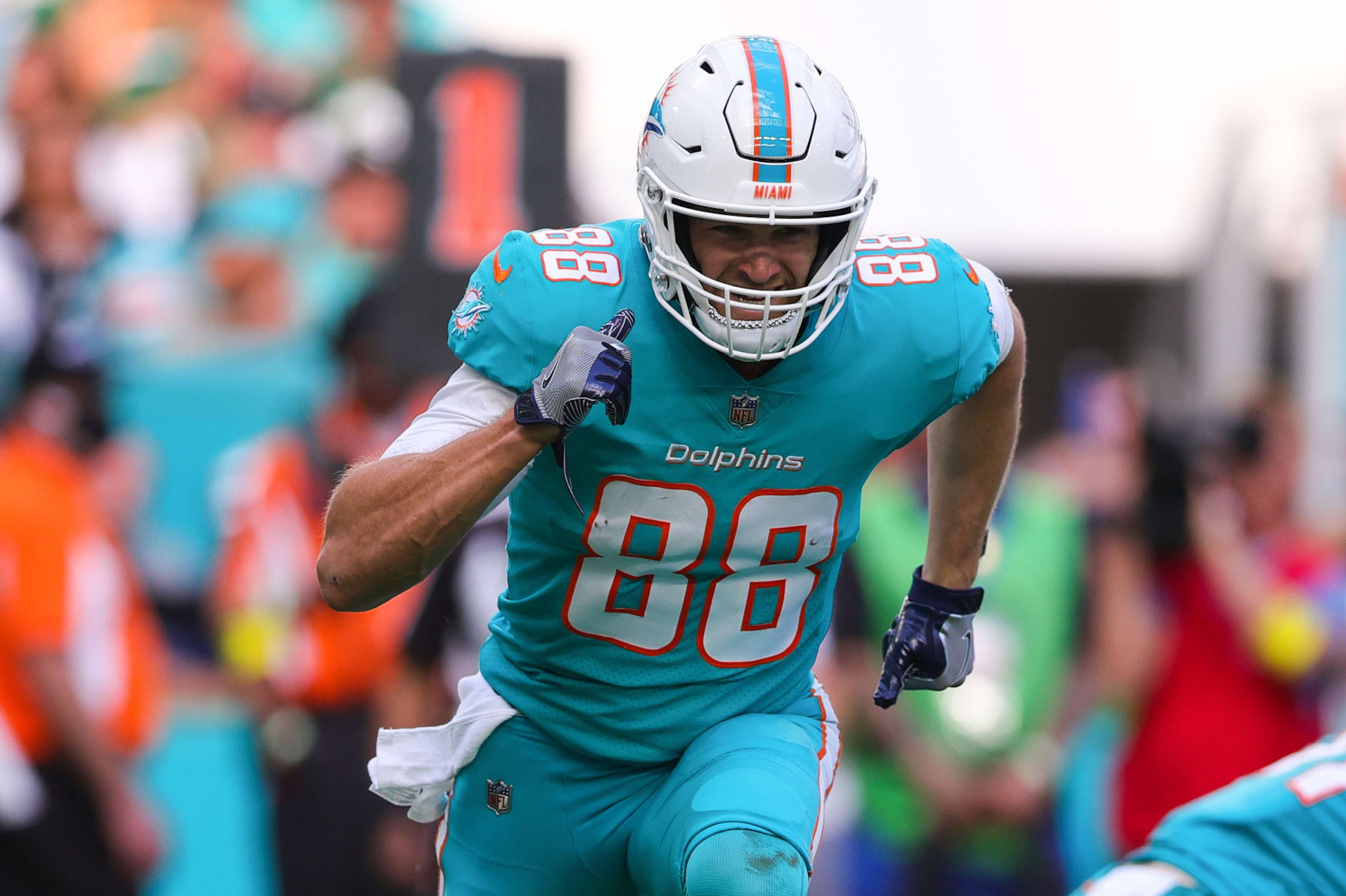 MIAMI GARDENS, FLORIDA - JANUARY 08: Mike Gesicki #88 of the Miami Dolphins in action against the New York Jets during the second half of the game at Hard Rock Stadium on January 08, 2023 in Miami Gardens, Florida. (Photo by Megan Briggs/Getty Images)
