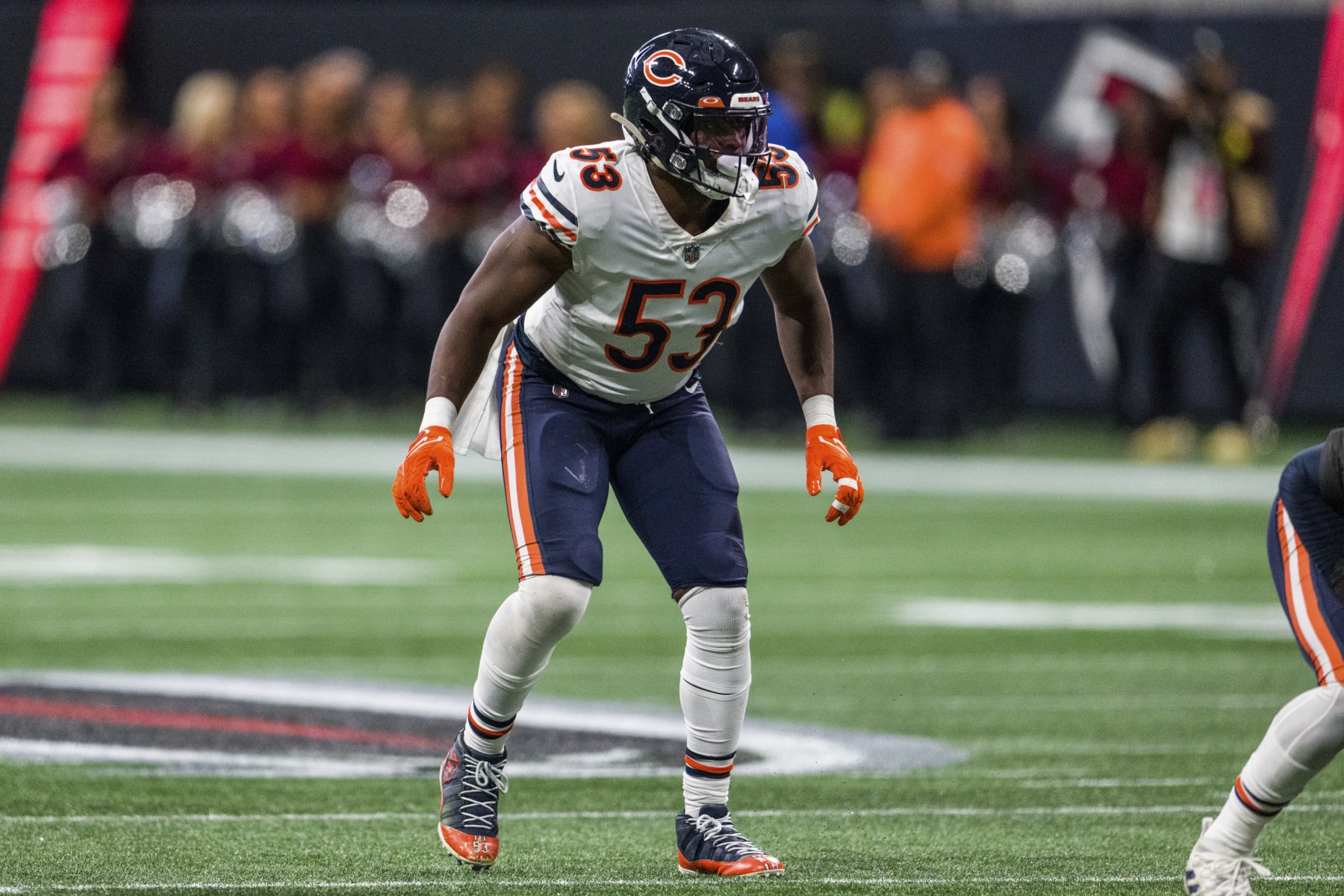 Chicago Bears linebacker Nicholas Morrow (53) works during the first half of an NFL football game against the Atlanta Falcons, Sunday, Nov. 20, 2022, in Atlanta. The Atlanta Falcons won 27-24. (AP Photo/Danny Karnik)