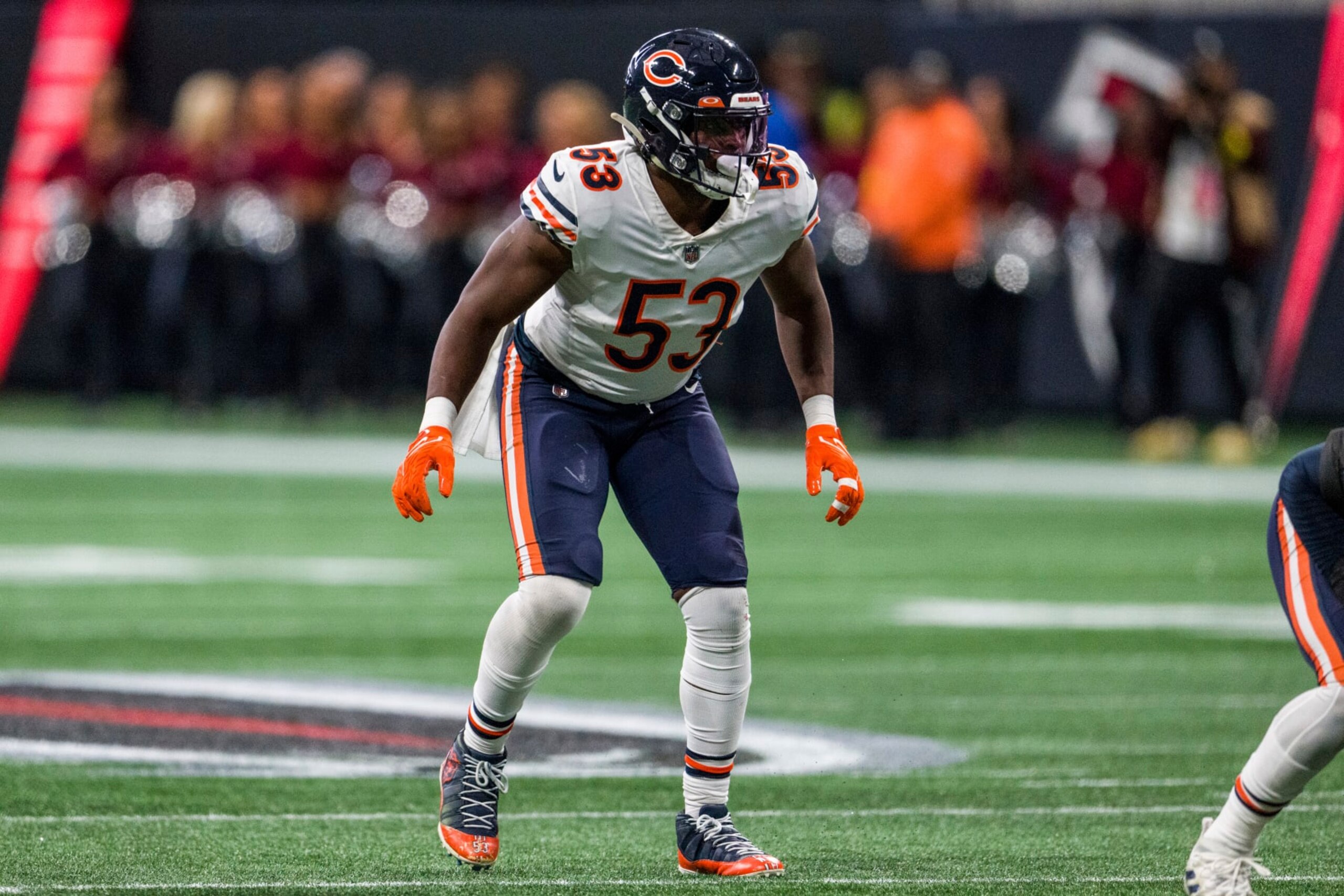 Chicago Bears linebacker Nicholas Morrow (53) works during the first half of an NFL football game against the Atlanta Falcons, Sunday, Nov. 20, 2022, in Atlanta. The Atlanta Falcons won 27-24. (AP Photo/Danny Karnik)