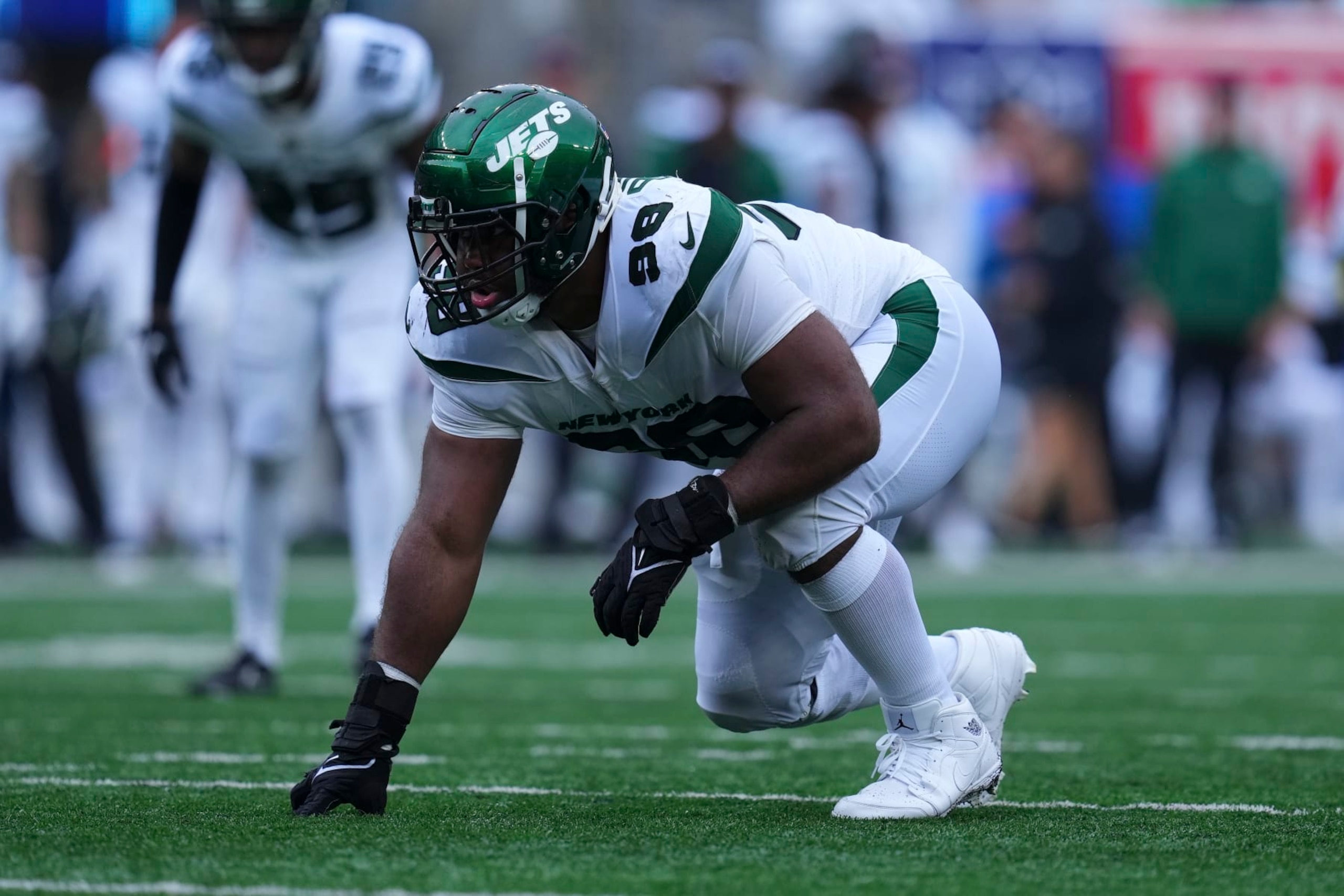 EAST RUTHERFORD, NJ - SEPTEMBER 11: Sheldon Rankins #98 of the New York Jets in action against the Baltimore Ravens at MetLife Stadium on September 11, 2022 in East Rutherford, New Jersey. (Photo by Mitchell Leff/Getty Images)