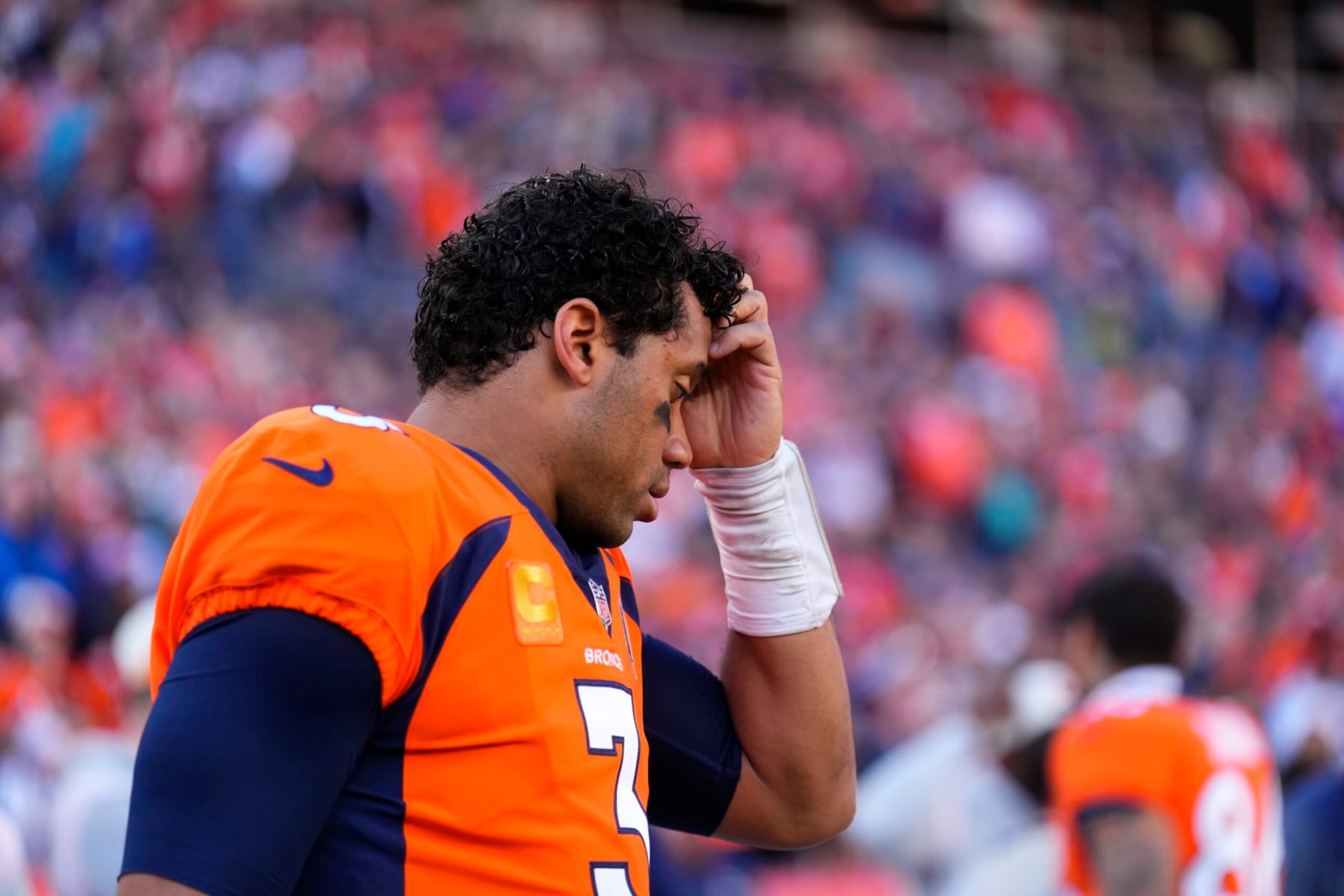 Denver Broncos quarterback Russell Wilson (3) during an NFL football game against the Los Angeles Chargers, Sunday, Jan. 8, 2023, in Denver. (AP Photo/Jack Dempsey)