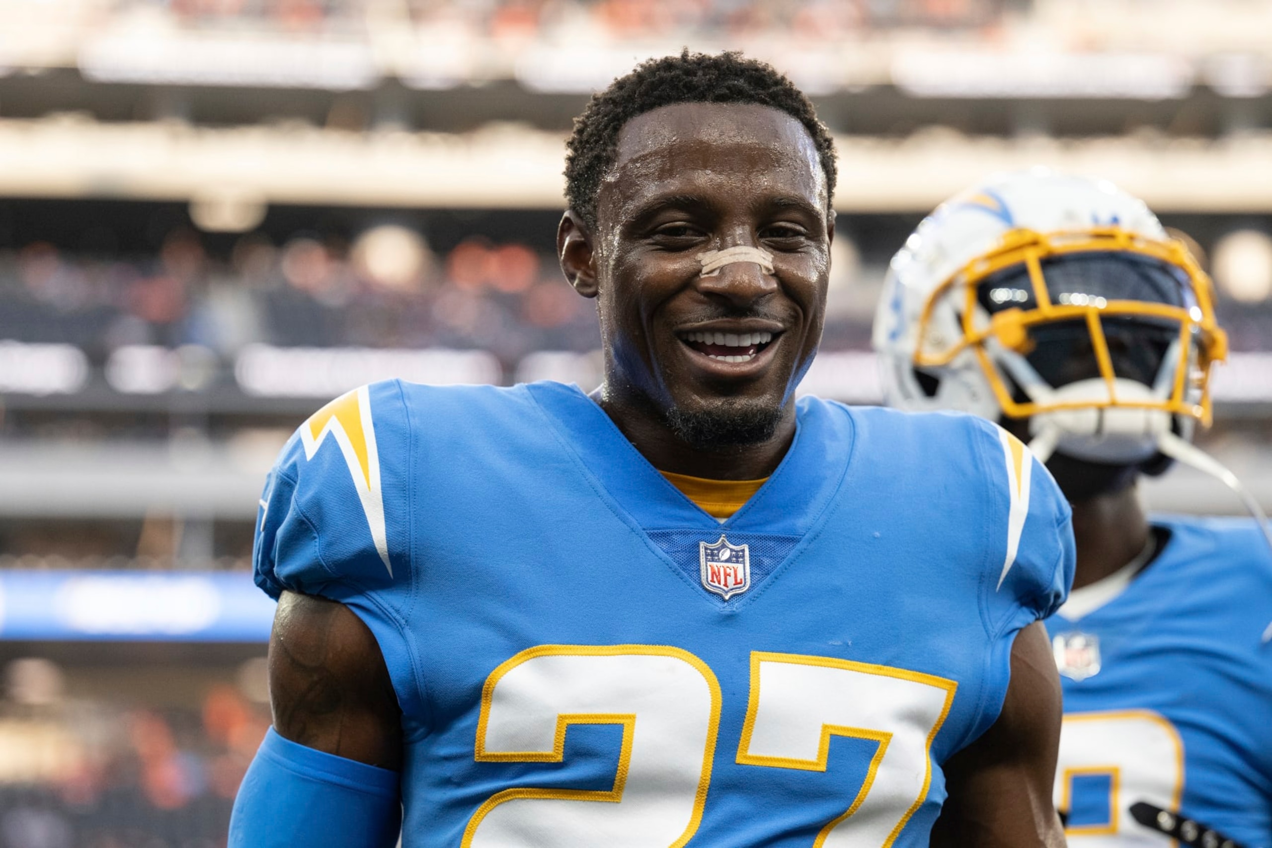 Los Angeles Chargers cornerback J.C. Jackson (27) walks back to the locker room before an NFL football game against the Denver Broncos, Monday, Oct. 17, 2022, in Inglewood, Calif. (AP Photo/Kyusung Gong)