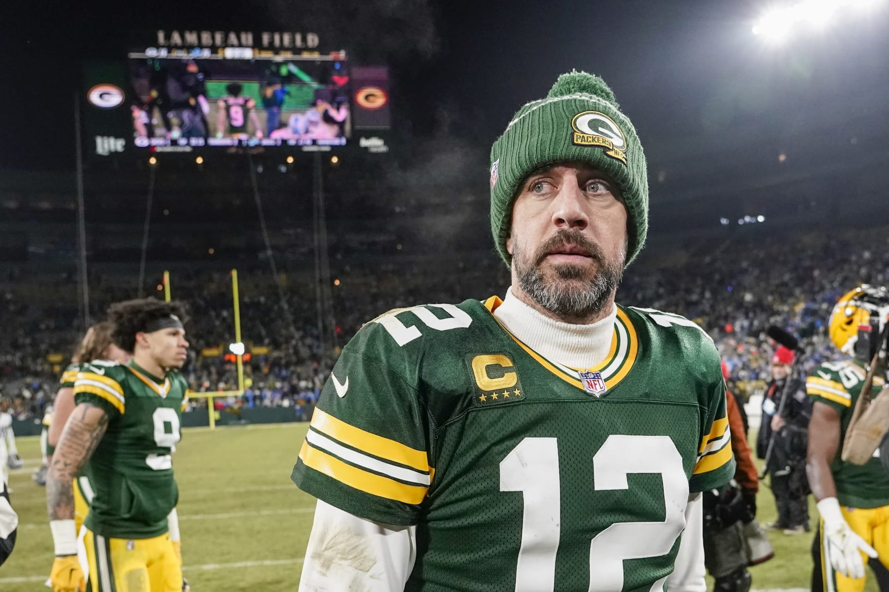 Green Bay Packers' Aaron Rodgers walks off the field after an NFL football game against the Detroit LionsSunday, Jan. 8, 2023, in Green Bay, Wis. (AP Photo/Morry Gash)