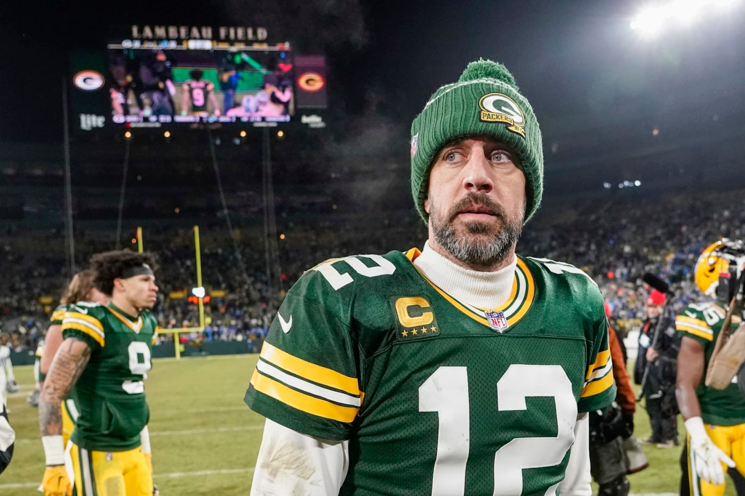Green Bay Packers' Aaron Rodgers walks off the field after an NFL football game against the Detroit LionsSunday, Jan. 8, 2023, in Green Bay, Wis. (AP Photo/Morry Gash)