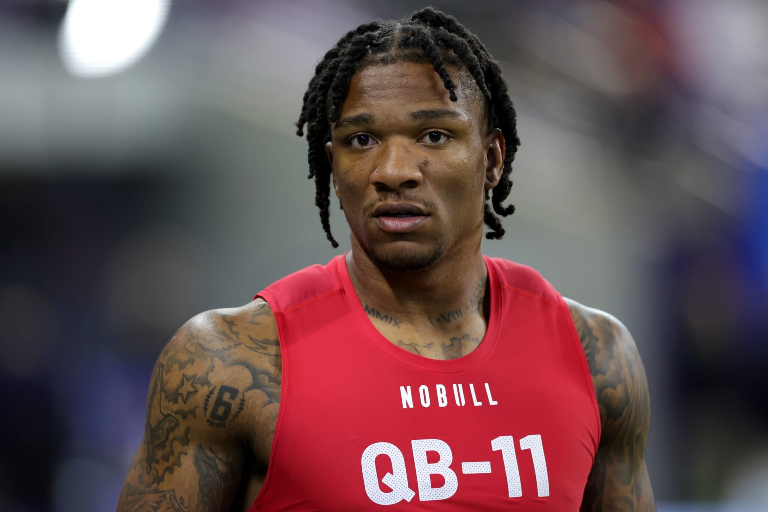INDIANAPOLIS, INDIANA - MARCH 04: Quarterback Anthony Richardson of Florida looks on during the NFL Combine at Lucas Oil Stadium on March 04, 2023 in Indianapolis, Indiana. (Photo by Stacy Revere/Getty Images)