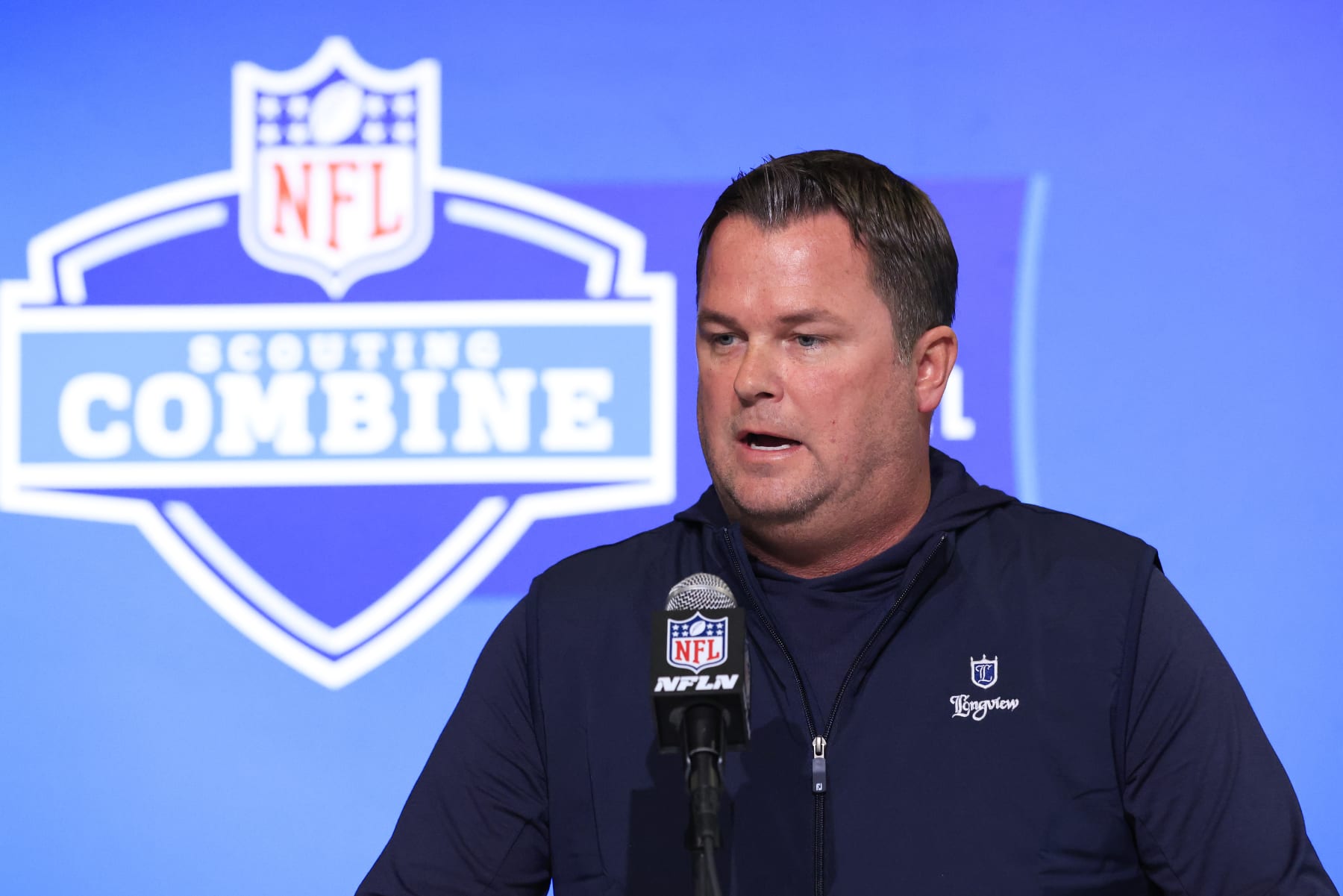 INDIANAPOLIS, INDIANA - MARCH 01: General manager Scott Fitterer of the Carolina Panthers speaks to the media during the NFL Combine at Lucas Oil Stadium on March 01, 2023 in Indianapolis, Indiana. (Photo by Justin Casterline/Getty Images)