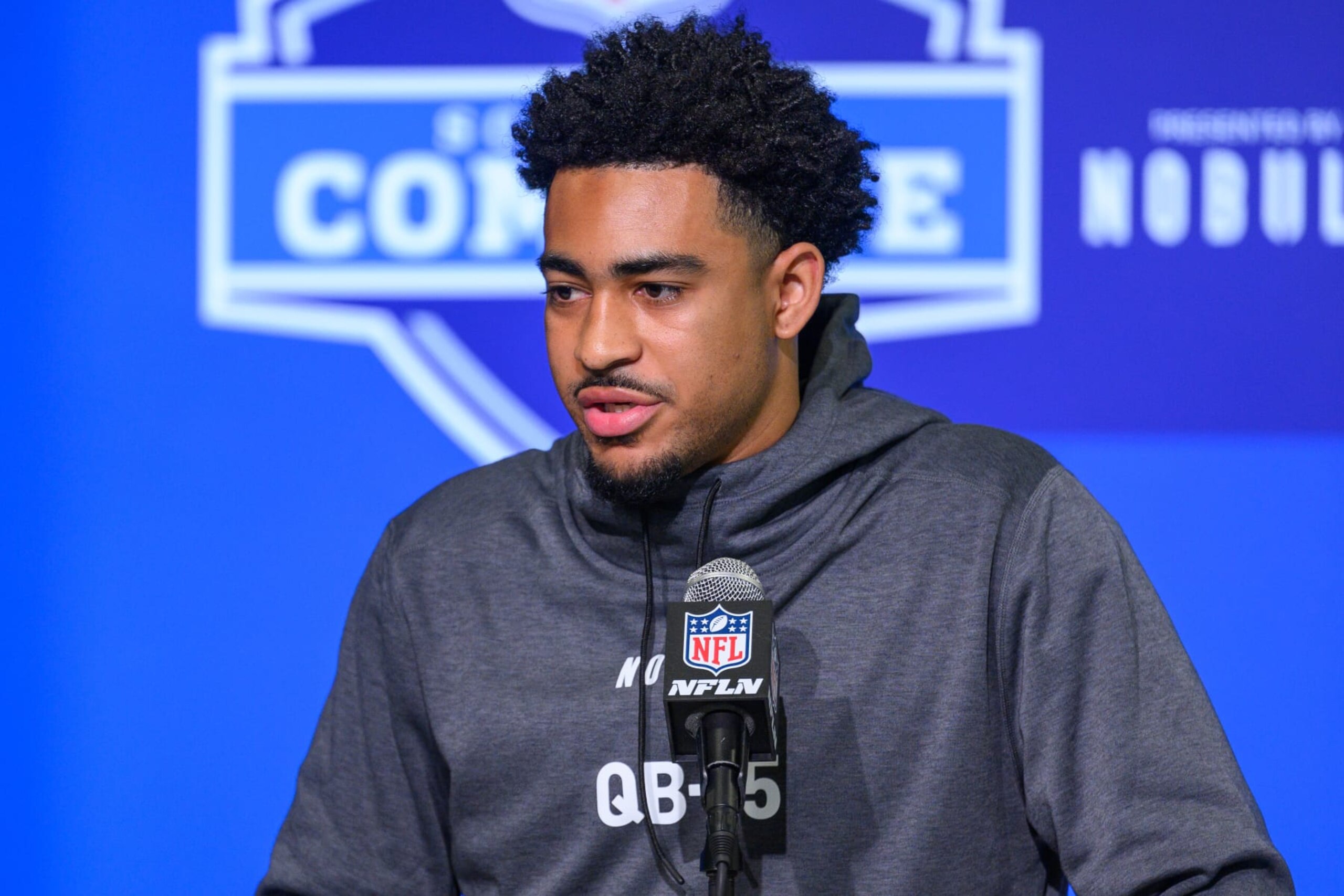INDIANAPOLIS, IN - MARCH 03: Alabama quarterback Bryce Young answers questions from the media during the NFL Scouting Combine on March 3, 2023, at the Indiana Convention Center in Indianapolis, IN. (Photo by Zach Bolinger/Icon Sportswire via Getty Images)