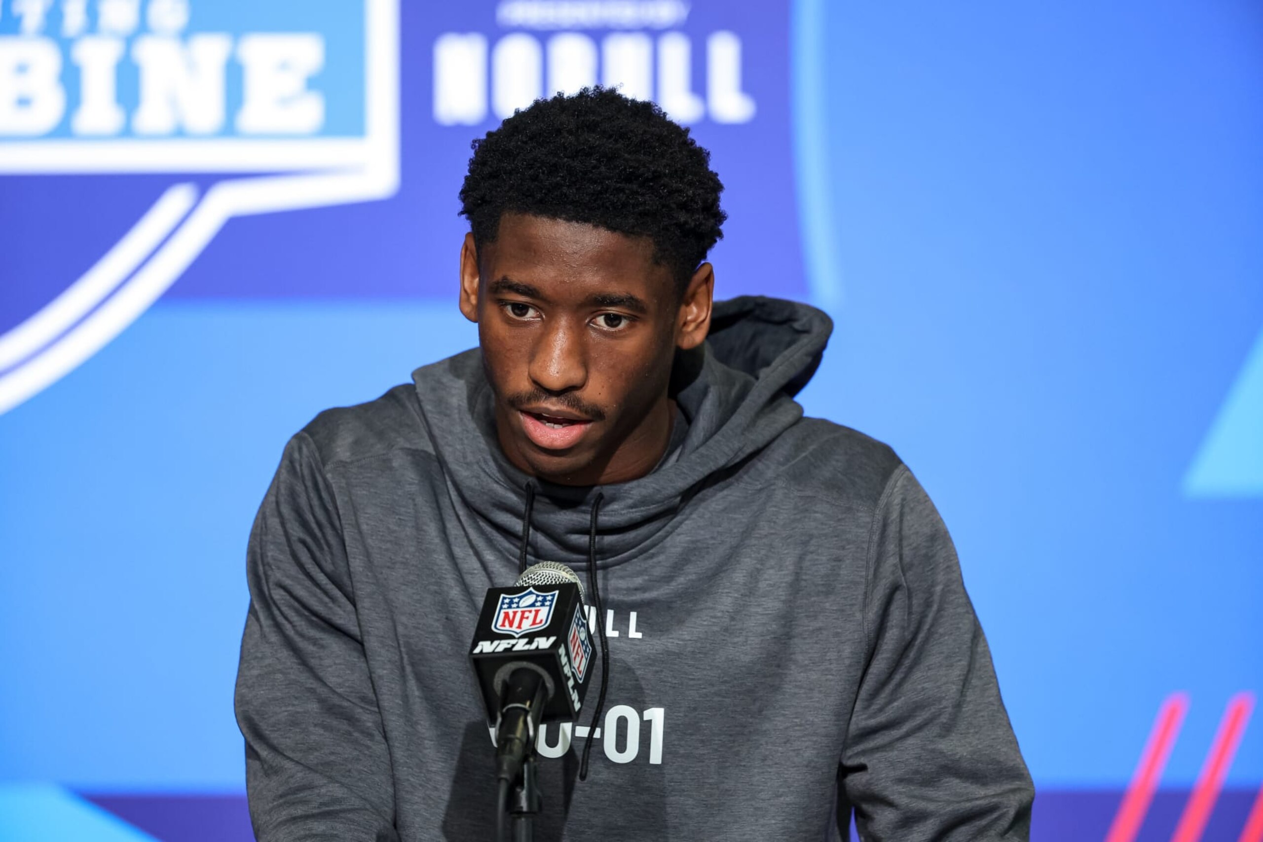 INDIANAPOLIS, IN - MARCH 03: Wide out Jordan Addison of Southern California speaks to the media during the NFL Combine at Lucas Oil Stadium on March 3, 2023 in Indianapolis, Indiana. (Photo by Michael Hickey/Getty Images)