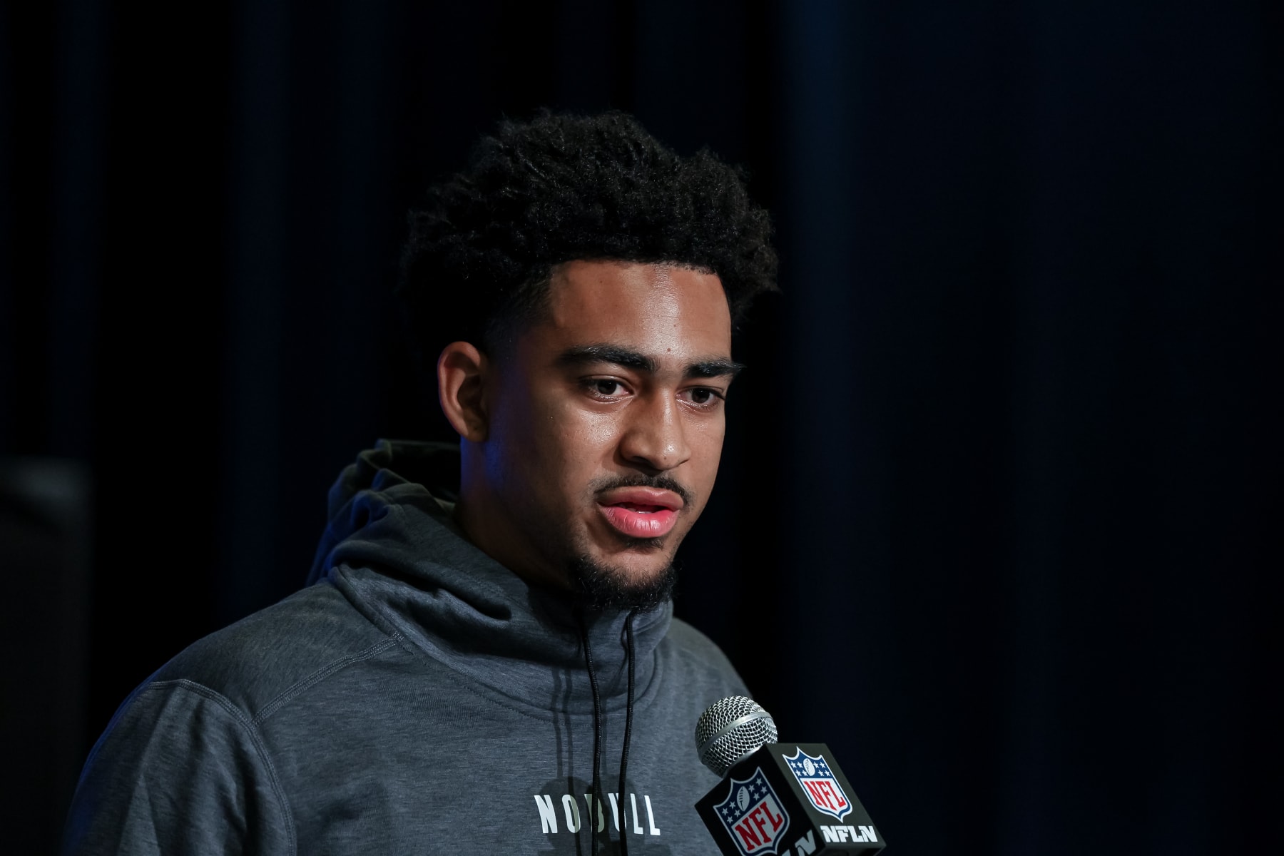 INDIANAPOLIS, IN - MARCH 03: Quarterback Bryce Young of Alabama speaks to the media during the NFL Combine at Lucas Oil Stadium on March 3, 2023 in Indianapolis, Indiana. (Photo by Michael Hickey/Getty Images)