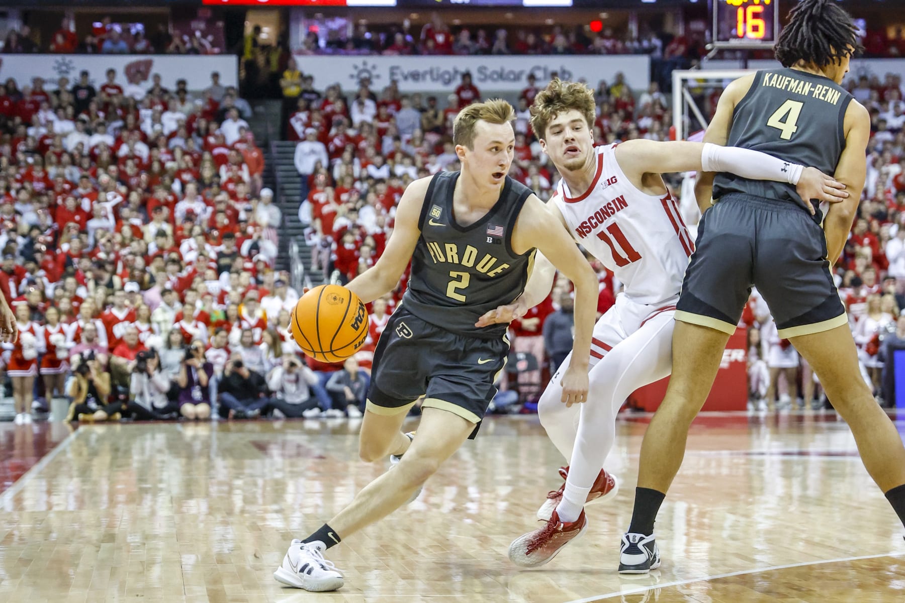MADISON, WI - MARCH 02: Purdue guard Fletcher Loyer (2) tries to get around Wisconsin guard Max Klesmit (11) during a college basketball game between the University of Wisconsin Badgers and the Purdue University Boilermakers on March 2, 2023 at the Kohl Center in Madison, WI. (Photo by Lawrence Iles/Icon Sportswire via Getty Images)