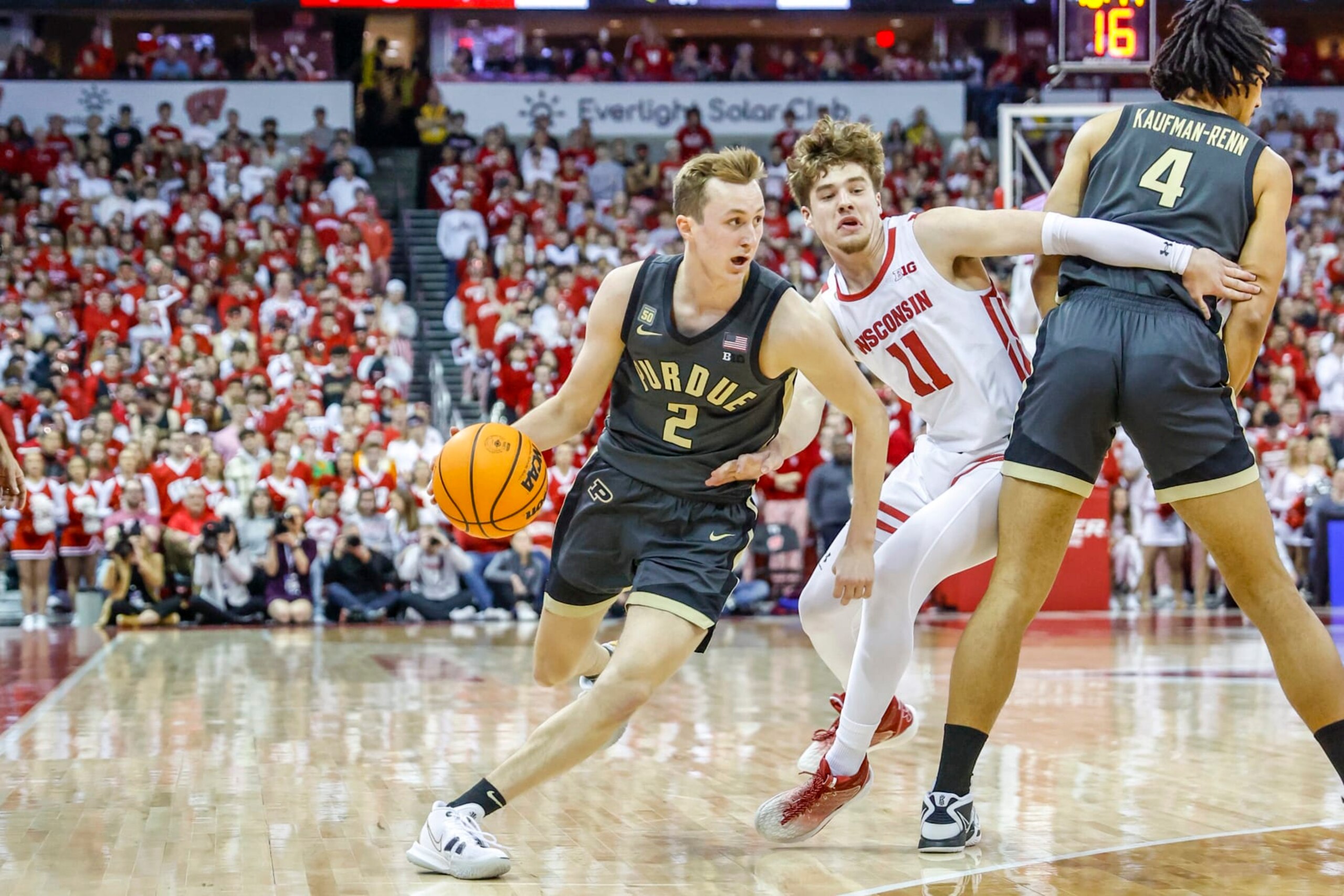 MADISON, WI - MARCH 02: Purdue guard Fletcher Loyer (2) tries to get around Wisconsin guard Max Klesmit (11) during a college basketball game between the University of Wisconsin Badgers and the Purdue University Boilermakers on March 2, 2023 at the Kohl Center in Madison, WI. (Photo by Lawrence Iles/Icon Sportswire via Getty Images)