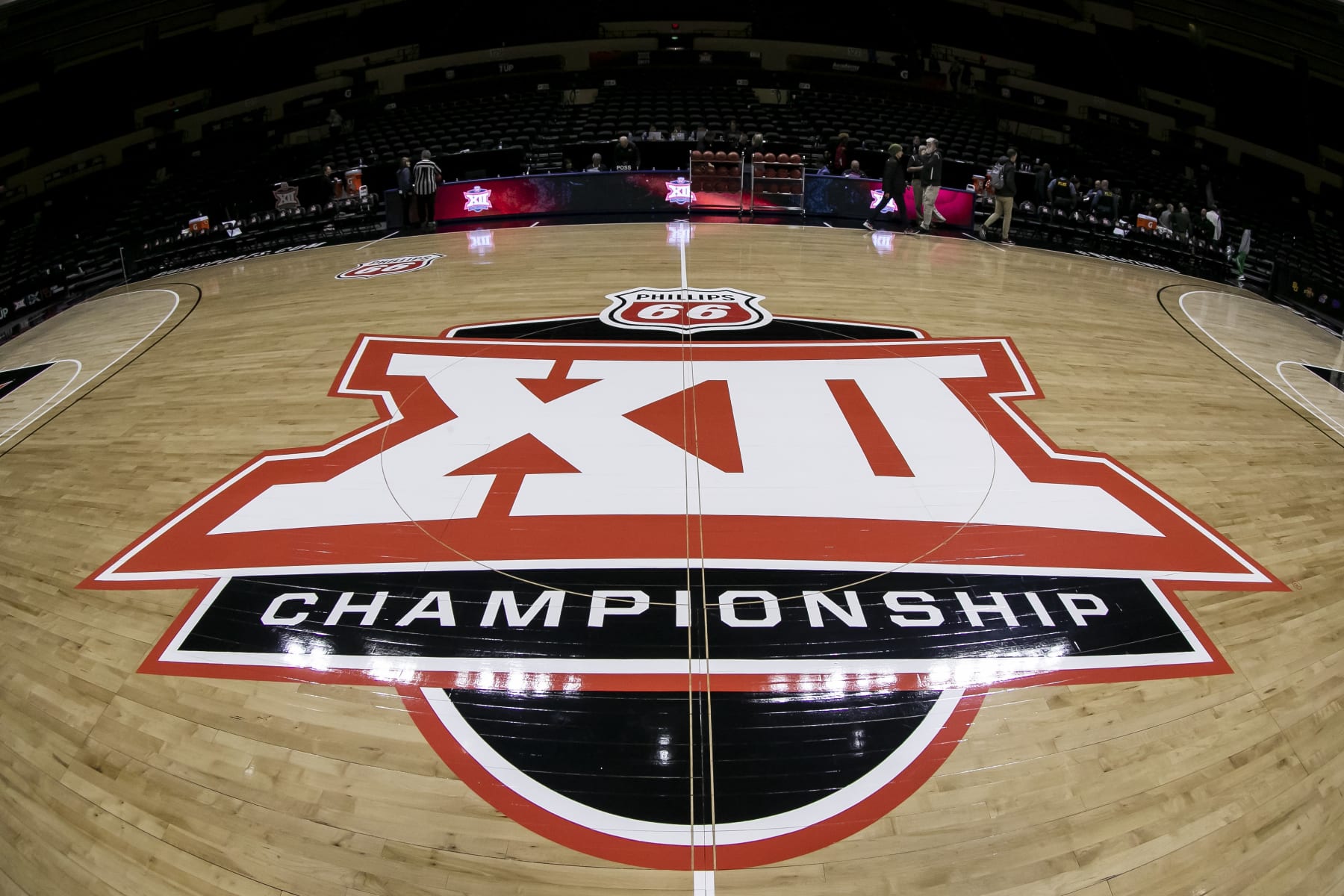 KANSAS CITY, MO - MARCH 11: Big 12 logo on display center court during the Big 12 Womens Tournament match between the Baylor Bears and the Oklahoma State Cowgirls  on Friday March 11, 2022 at Municipal Auditorium in Kansas City, MO.  (Photo by Nick Tre. Smith/Icon Sportswire via Getty Images)