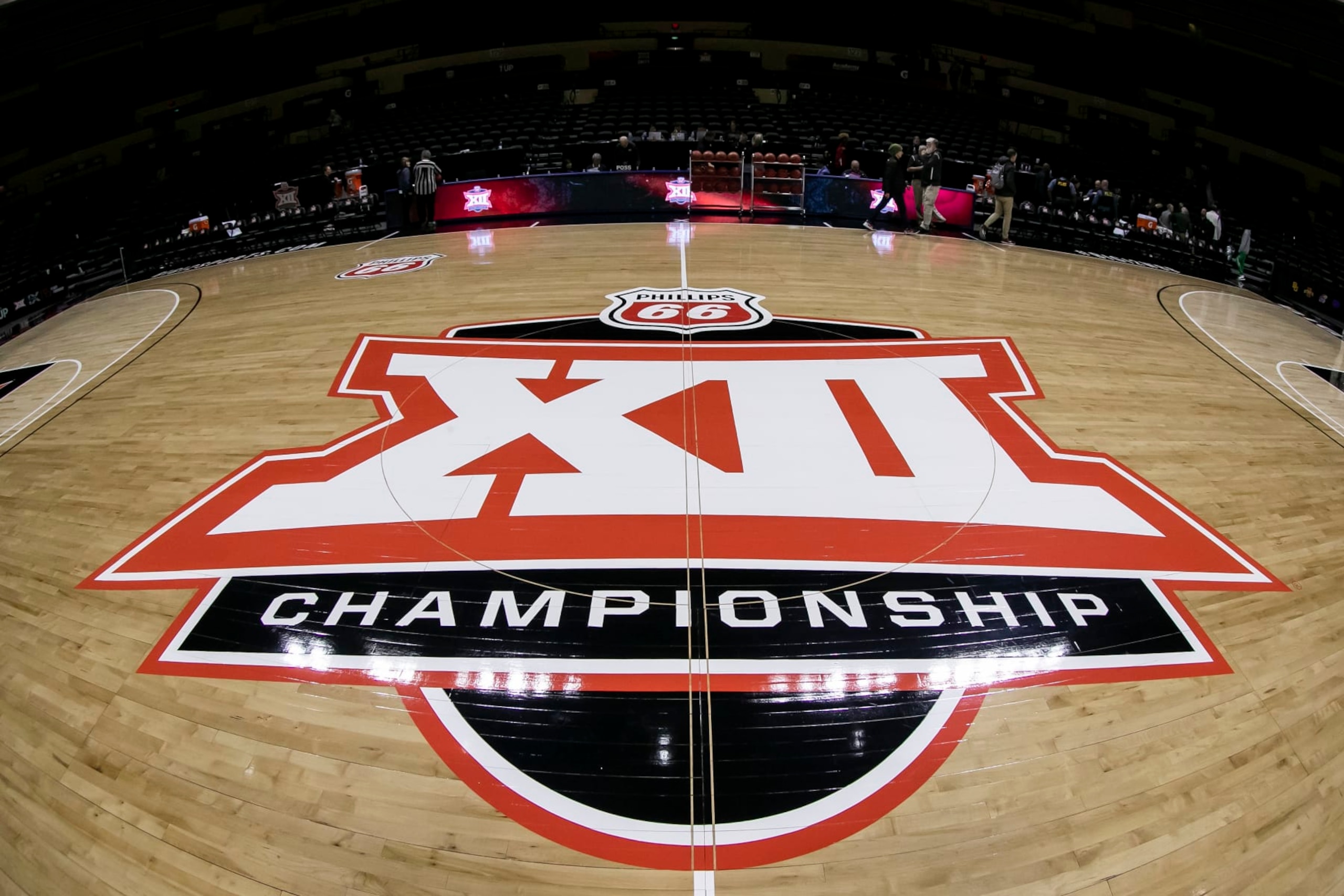 KANSAS CITY, MO - MARCH 11: Big 12 logo on display center court during the Big 12 Womens Tournament match between the Baylor Bears and the Oklahoma State Cowgirls  on Friday March 11, 2022 at Municipal Auditorium in Kansas City, MO.  (Photo by Nick Tre. Smith/Icon Sportswire via Getty Images)