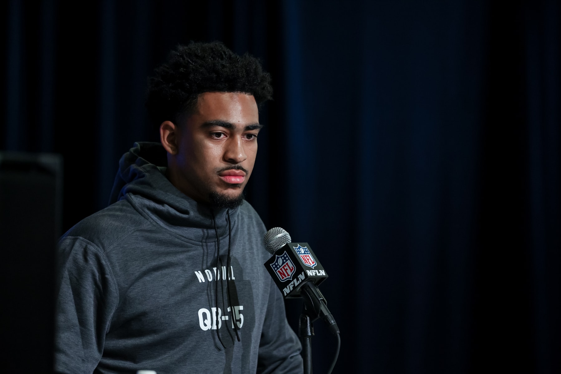 INDIANAPOLIS, IN - MARCH 03: Quarterback Bryce Young of Alabama speaks to the media during the NFL Combine at Lucas Oil Stadium on March 3, 2023 in Indianapolis, Indiana. (Photo by Michael Hickey/Getty Images)