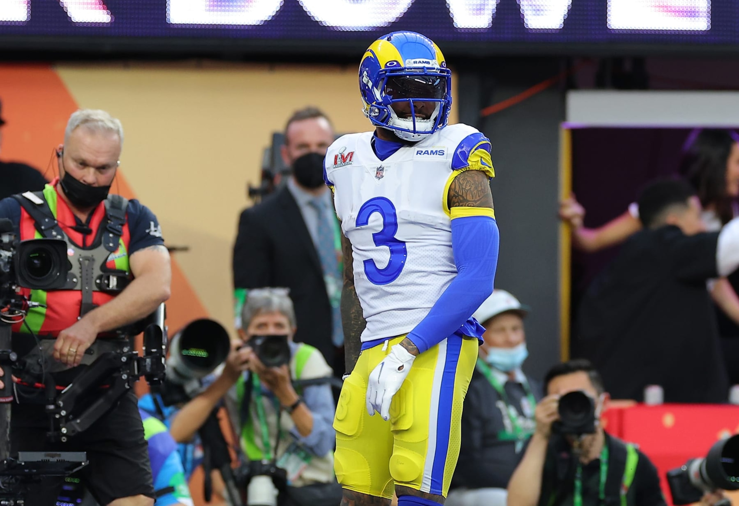 INGLEWOOD, CALIFORNIA - FEBRUARY 13: Odell Beckham Jr. #3 of the Los Angeles Rams celebrates after a touchdown against the Cincinnati Bengals during Super Bowl LVI at SoFi Stadium on February 13, 2022 in Inglewood, California. (Photo by Kevin C. Cox/Getty Images)