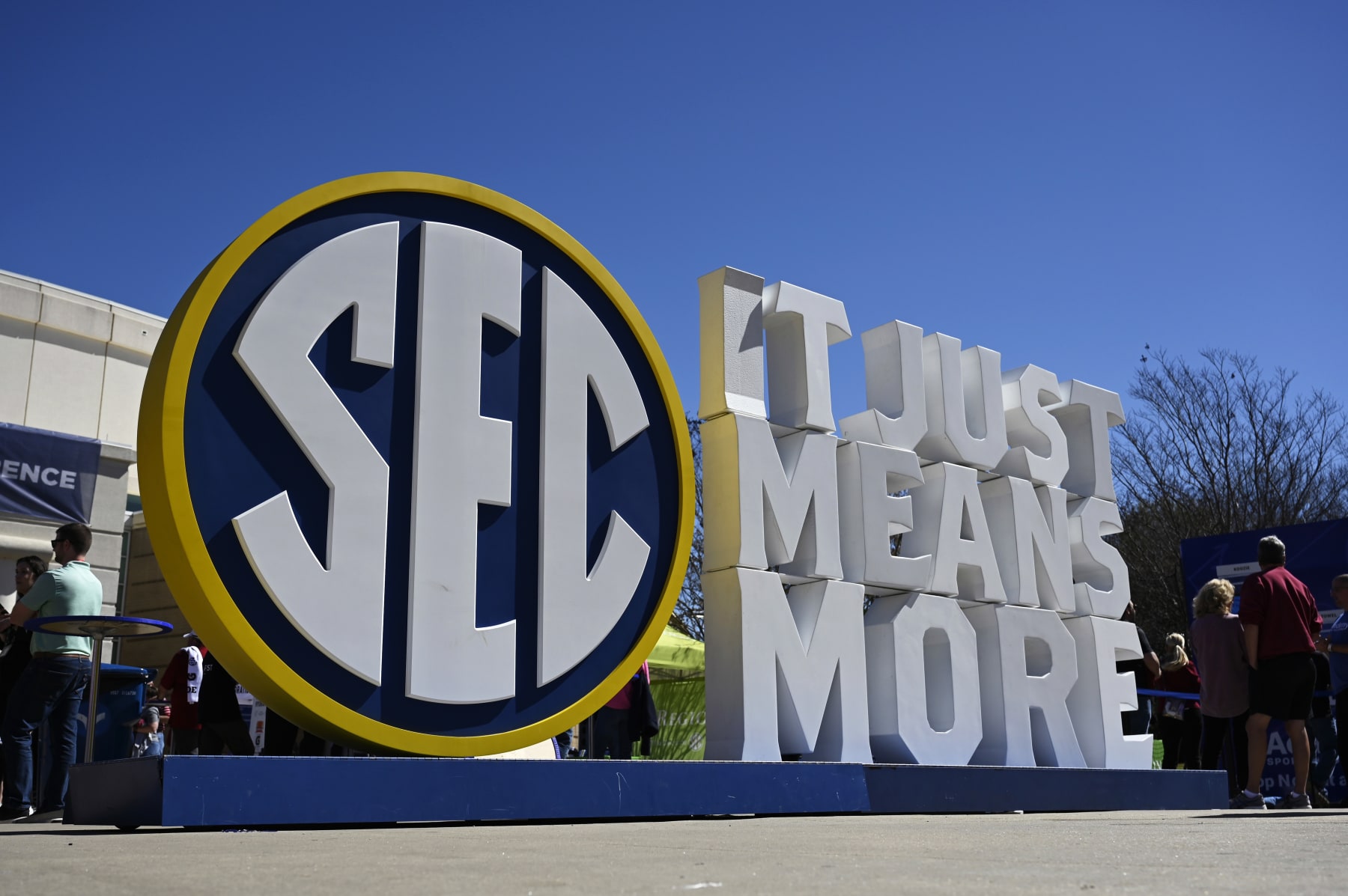 GREENVILLE, SOUTH CAROLINA - MARCH 05: The SEC logo is seen outside the arena before the championship game of the SEC Women's Basketball Tournament between the South Carolina Gamecocks and the Tennessee Lady Vols at Bon Secours Wellness Arena on March 05, 2023 in Greenville, South Carolina. (Photo by Eakin Howard/Getty Images)