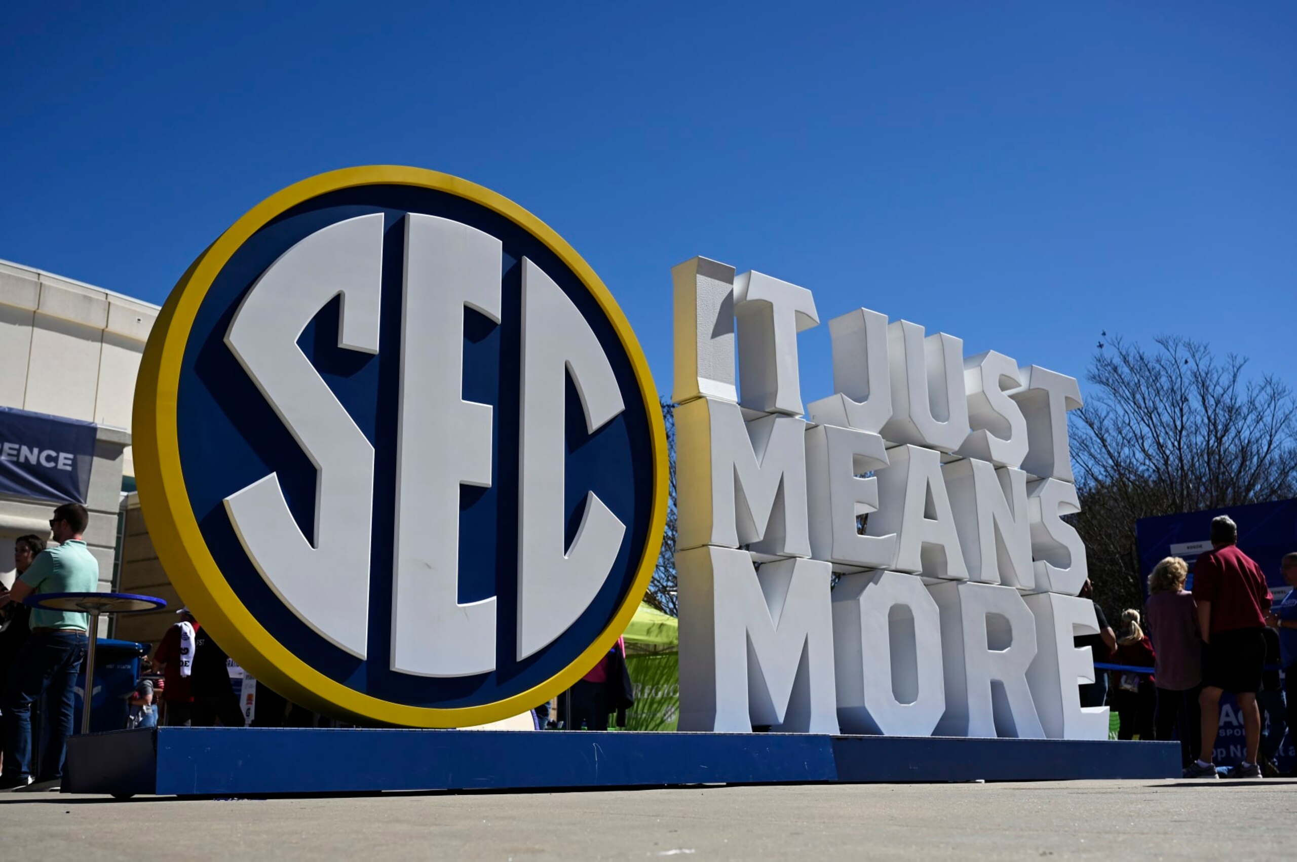 GREENVILLE, SOUTH CAROLINA - MARCH 05: The SEC logo is seen outside the arena before the championship game of the SEC Women's Basketball Tournament between the South Carolina Gamecocks and the Tennessee Lady Vols at Bon Secours Wellness Arena on March 05, 2023 in Greenville, South Carolina. (Photo by Eakin Howard/Getty Images) GREENVILLE, SOUTH CAROLINA - MARCH 05: The SEC logo is seen outside the arena before the championship game of the SEC Women's Basketball Tournament between the South Carolina Gamecocks and the Tennessee Lady Vols at Bon Secours Wellness Arena on March 05, 2023 in Greenville, South Carolina. (Photo by Eakin Howard/Getty Images)