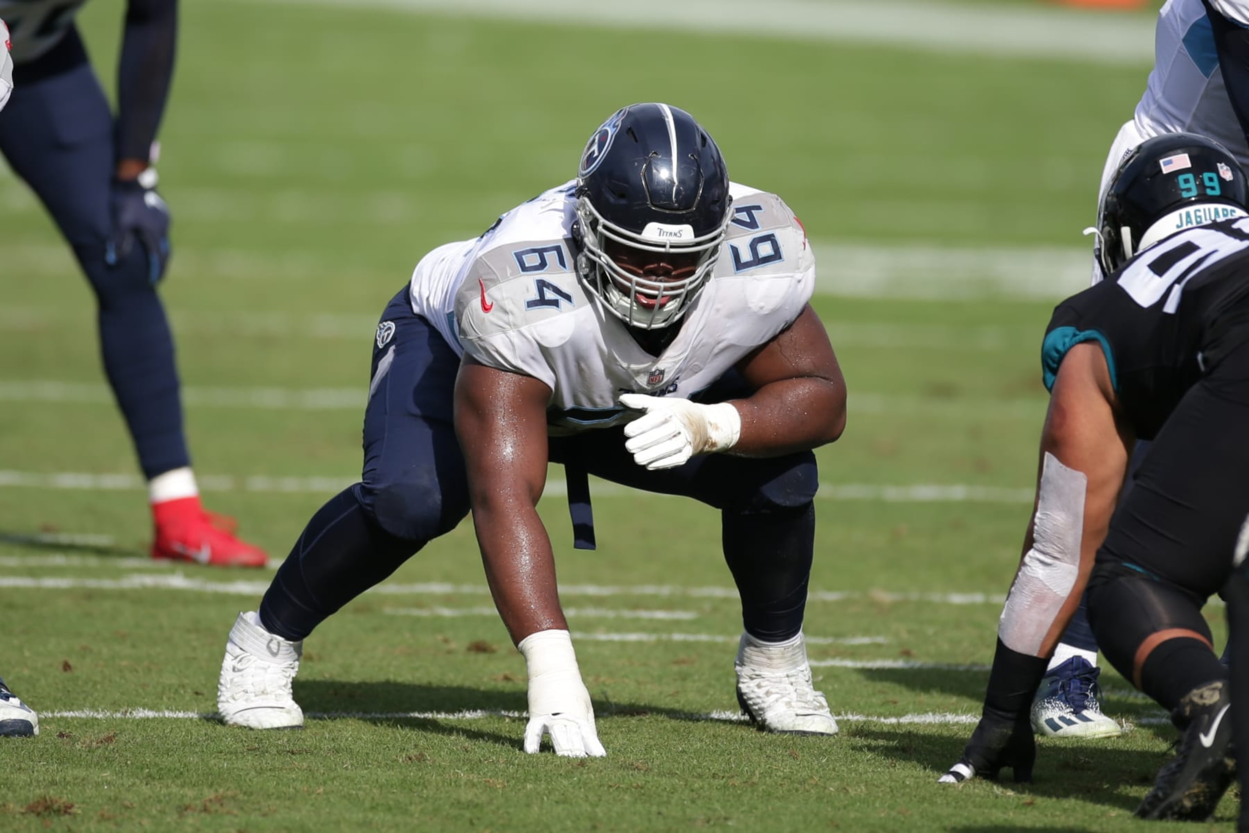 JACKSONVILLE, FL - DECEMBER 13: Tennessee Titans Offensive Guard Nate Davis (64) during the game between the Tennessee Titans and the Jacksonville Jaguars on December 13, 2020 at TIAA Bank Field in Jacksonville, Fl. (Photo by David Rosenblum/Icon Sportswire via Getty Images)