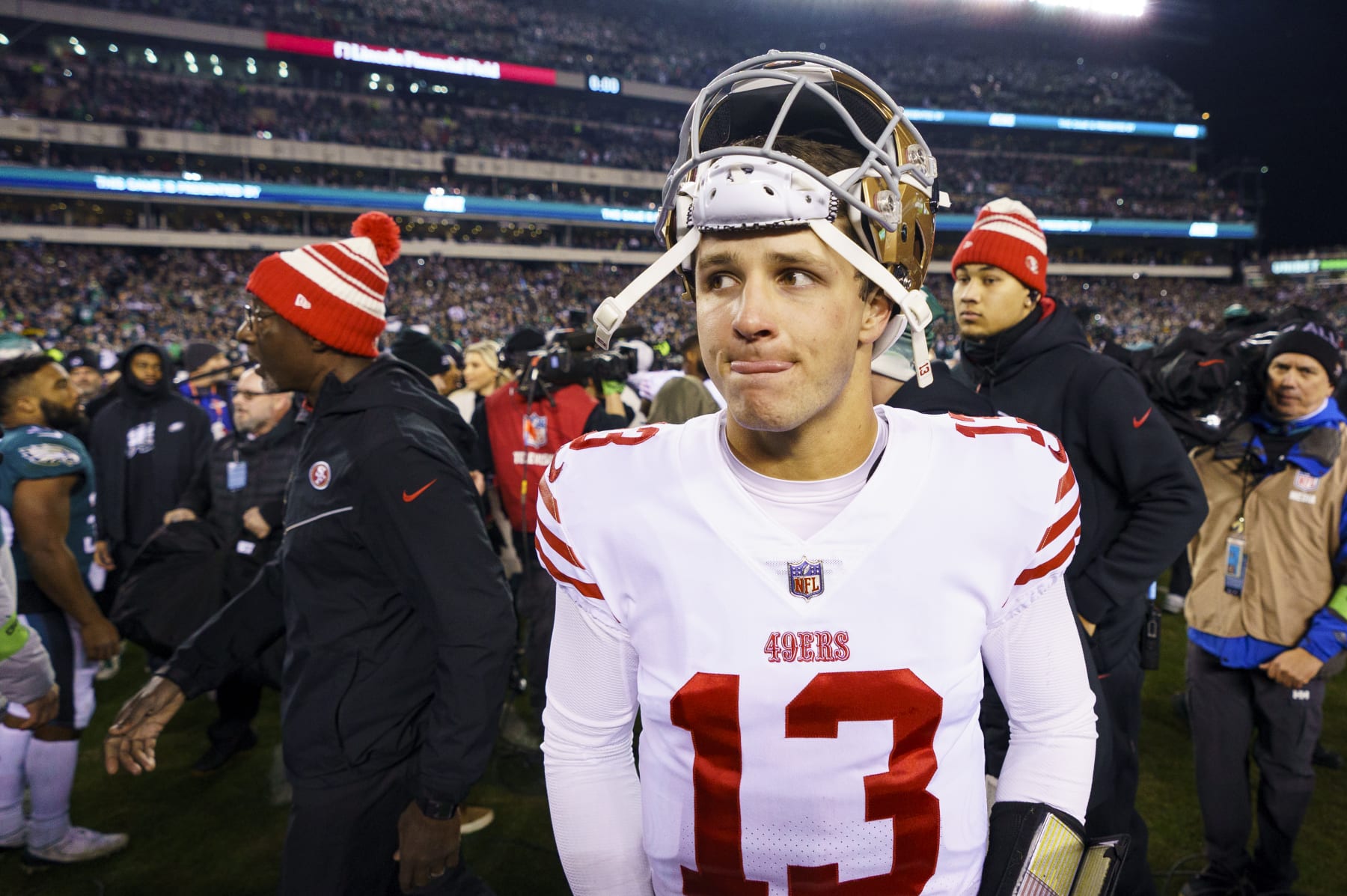 San Francisco 49ers quarterback Brock Purdy (13) looks on following the NFC Championship NFL football game against the Philadelphia Eagles, Sunday, Jan. 29, 2023, in Philadelphia. (AP Photo/Chris Szagola)