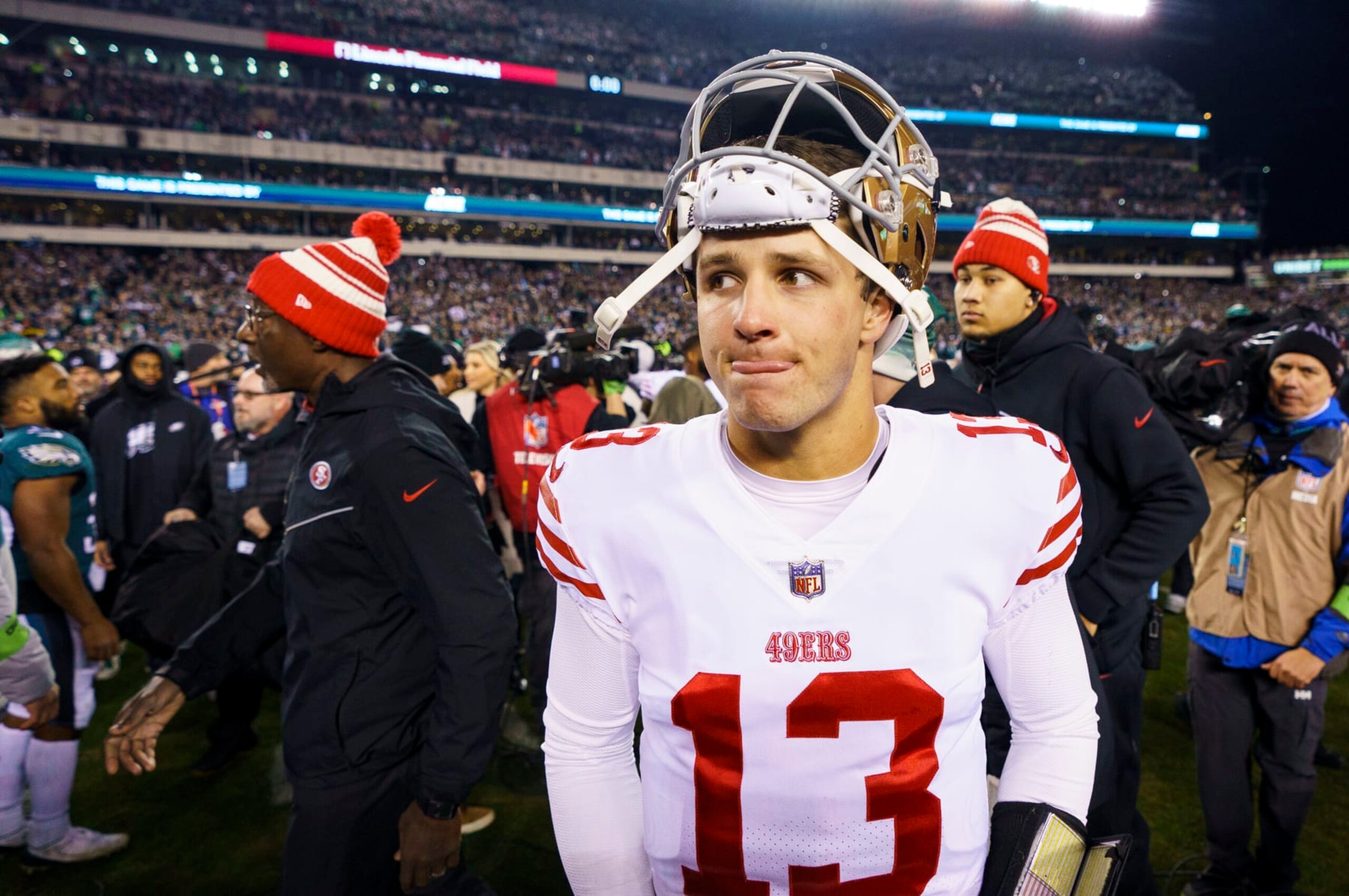 San Francisco 49ers quarterback Brock Purdy (13) looks on following the NFC Championship NFL football game against the Philadelphia Eagles, Sunday, Jan. 29, 2023, in Philadelphia. (AP Photo/Chris Szagola)