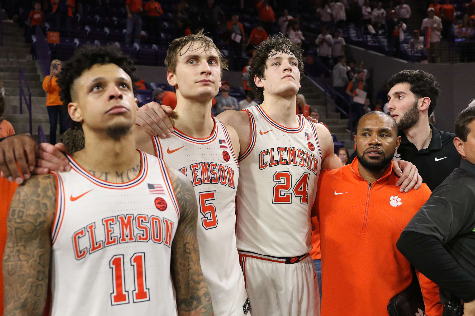CLEMSON, SC - JANUARY 14: Clemson Tigers guard Brevin Galloway (11), forward Hunter Tyson (5) and center PJ Hall (24) during a college basketball game between the Duke Blue Devils and the Clemson Tigers on January 14, 2023, at Littlejohn Coliseum in Clemson, S.C. (Photo by John Byrum/Icon Sportswire via Getty Images)