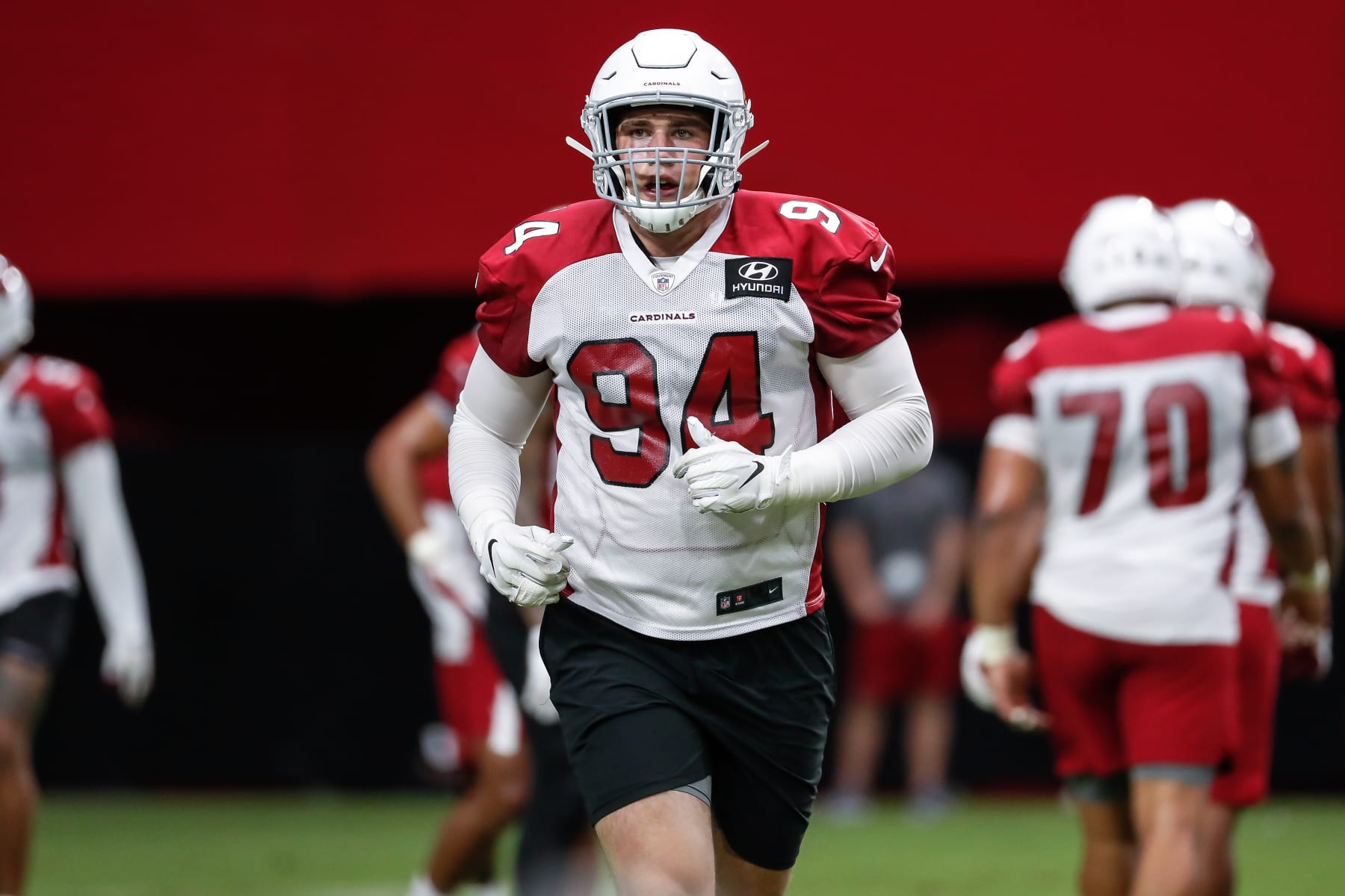 GLENDALE, AZ - JULY 30:  Arizona Cardinals defensive end Zach Allen (94) runs to the sideline during Arizona Cardinals training camp on July 30, 2021 at State Farm Stadium in Glendale, Arizona (Photo by Kevin Abele/Icon Sportswire via Getty Images)