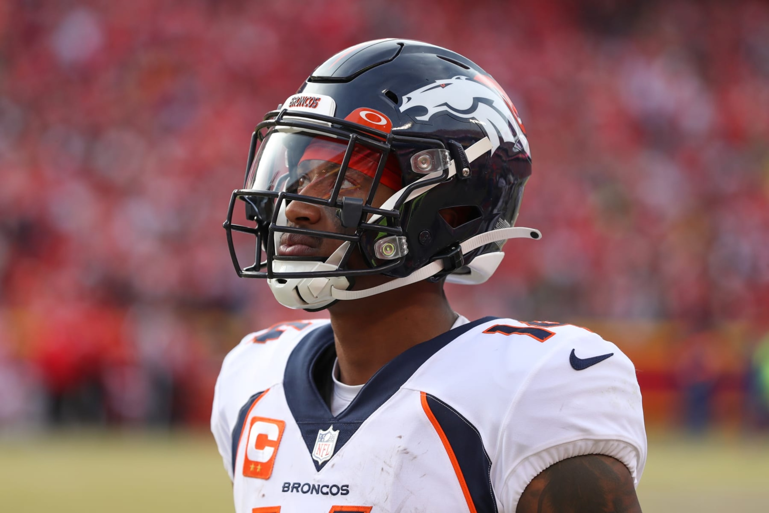 KANSAS CITY, MO - JANUARY 01: Denver Broncos wide receiver Courtland Sutton (14) during an AFC West game between the Denver Broncos and Kansas City Chiefs on January 1, 2023 at GEHA Field at.Arrowhead Stadium in Kansas City, MO. (Photo by Scott Winters/Icon Sportswire via Getty Images)