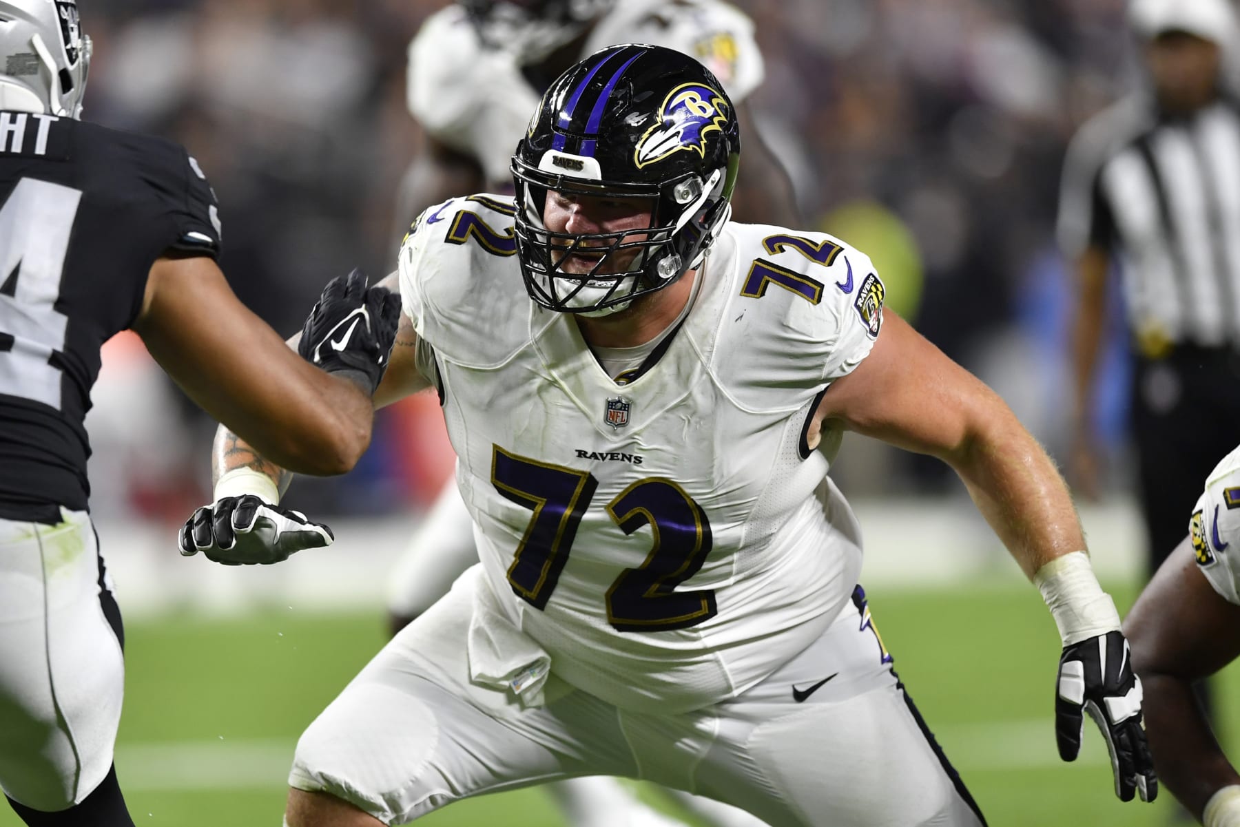 LAS VEGAS, NEVADA - SEPTEMBER 13:  Offensive guard Ben Powers #72 of the Baltimore Ravens looks to block during a game against the Las Vegas Raiders at Allegiant Stadium on September 13, 2021 in Las Vegas, Nevada. The Raiders defeated the Ravens 33-27 in overtime. (Photo by Chris Unger/Getty Images)