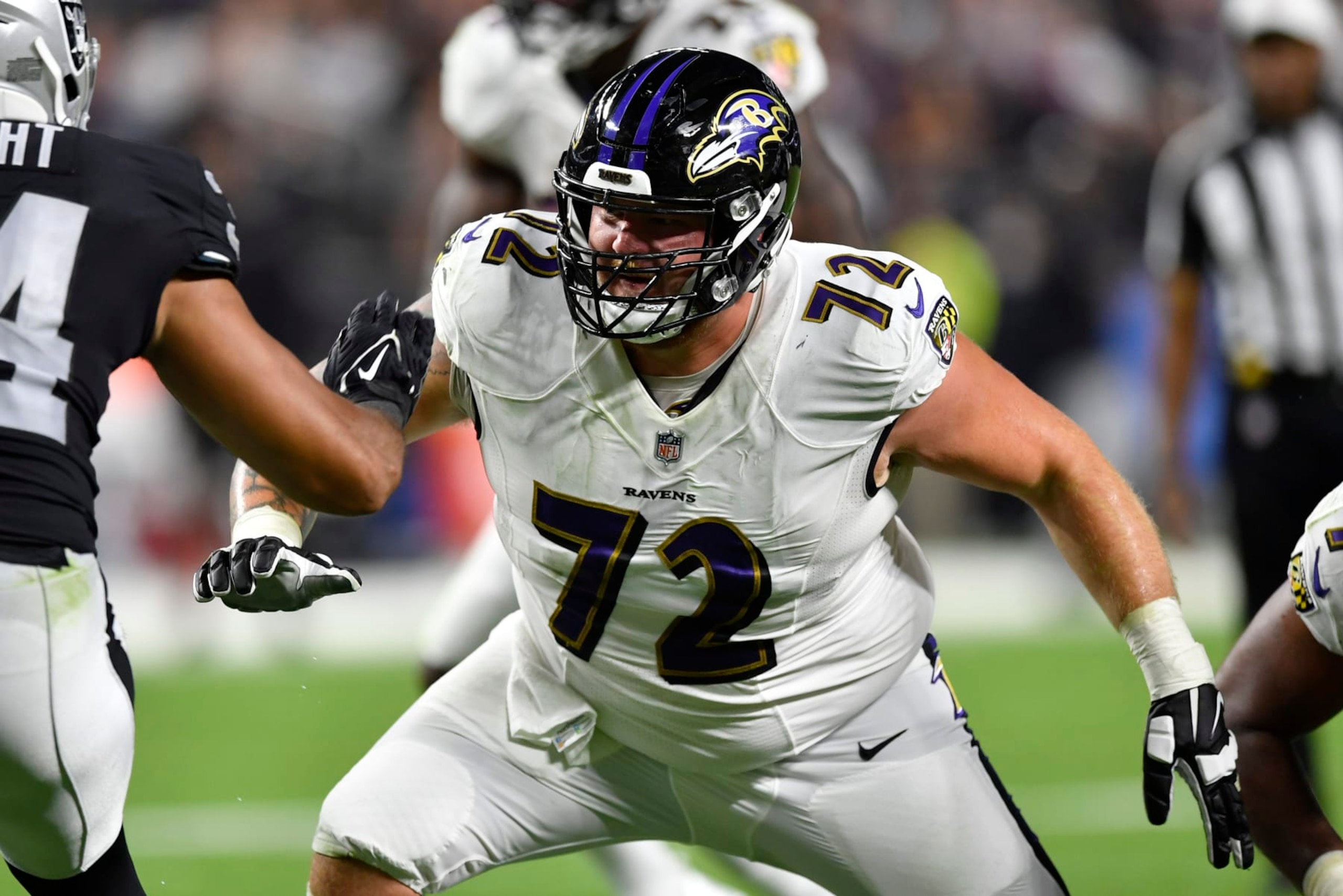 LAS VEGAS, NEVADA - SEPTEMBER 13:  Offensive guard Ben Powers #72 of the Baltimore Ravens looks to block during a game against the Las Vegas Raiders at Allegiant Stadium on September 13, 2021 in Las Vegas, Nevada. The Raiders defeated the Ravens 33-27 in overtime. (Photo by Chris Unger/Getty Images)