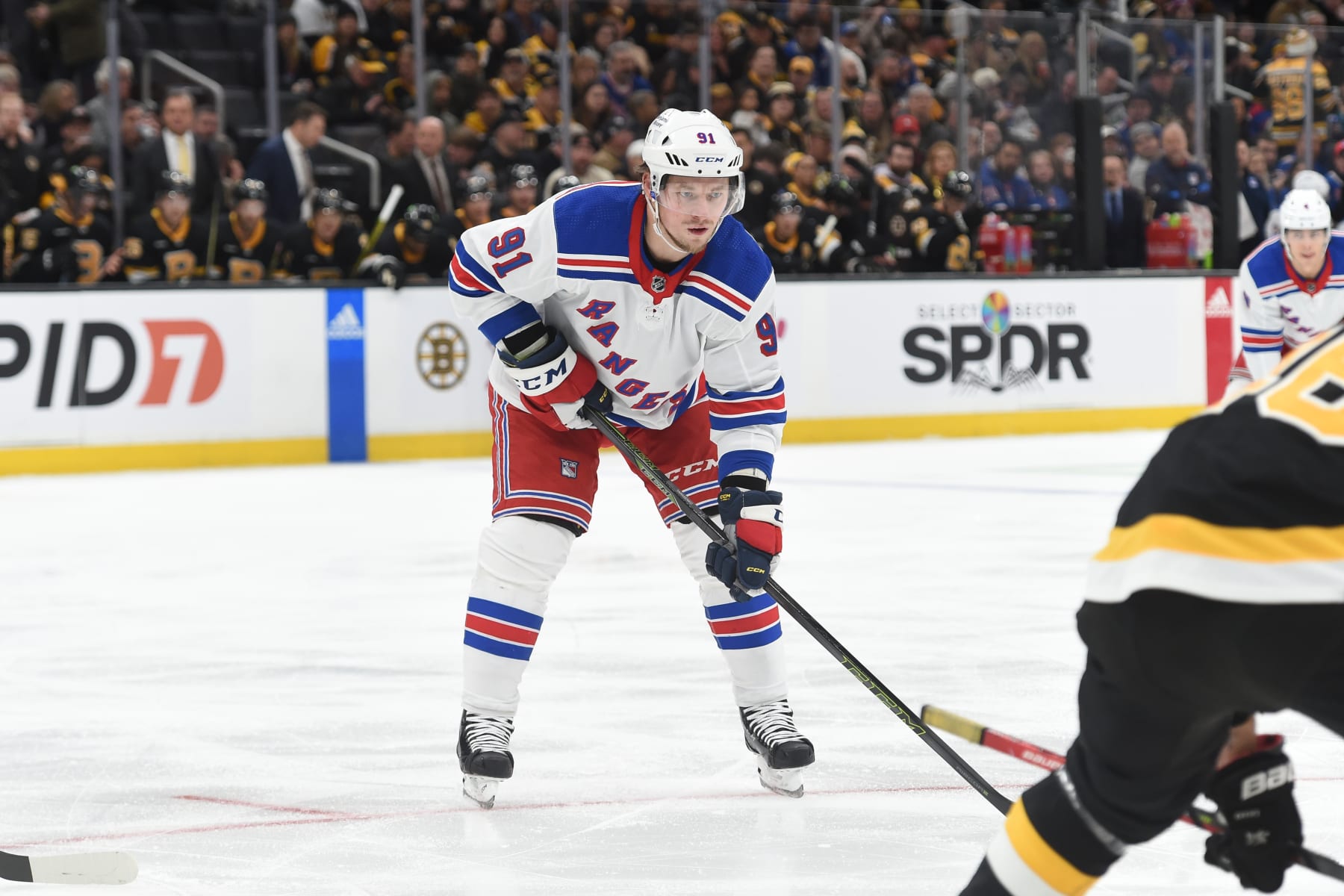 BOSTON, MASSACHUSETTS - MARCH 4: Vladimir Tarasenko #91 of the New York Rangers waits for the face off against the Boston Bruins at the TD Garden on March 4, 2023 in Boston, Massachusetts. (Photo by Steve Babineau/NHLI via Getty Images)
