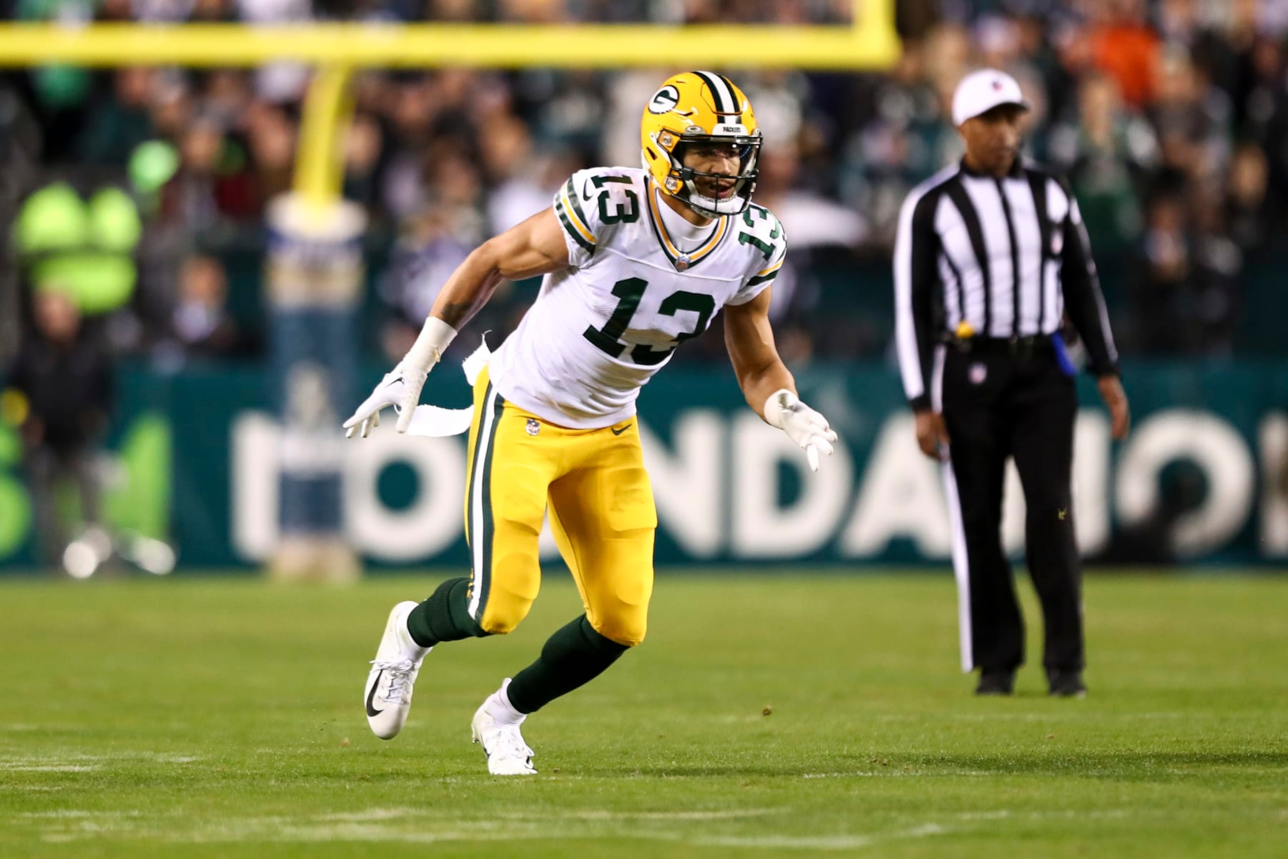 PHILADELPHIA, PA - NOVEMBER 27: Allen Lazard #13 of the Green Bay Packers runs downfield during an NFL football game against the Philadelphia Eagles at Lincoln Financial Field on November 27, 2022 in Philadelphia, Pennsylvania. (Photo by Kevin Sabitus/Getty Images)
