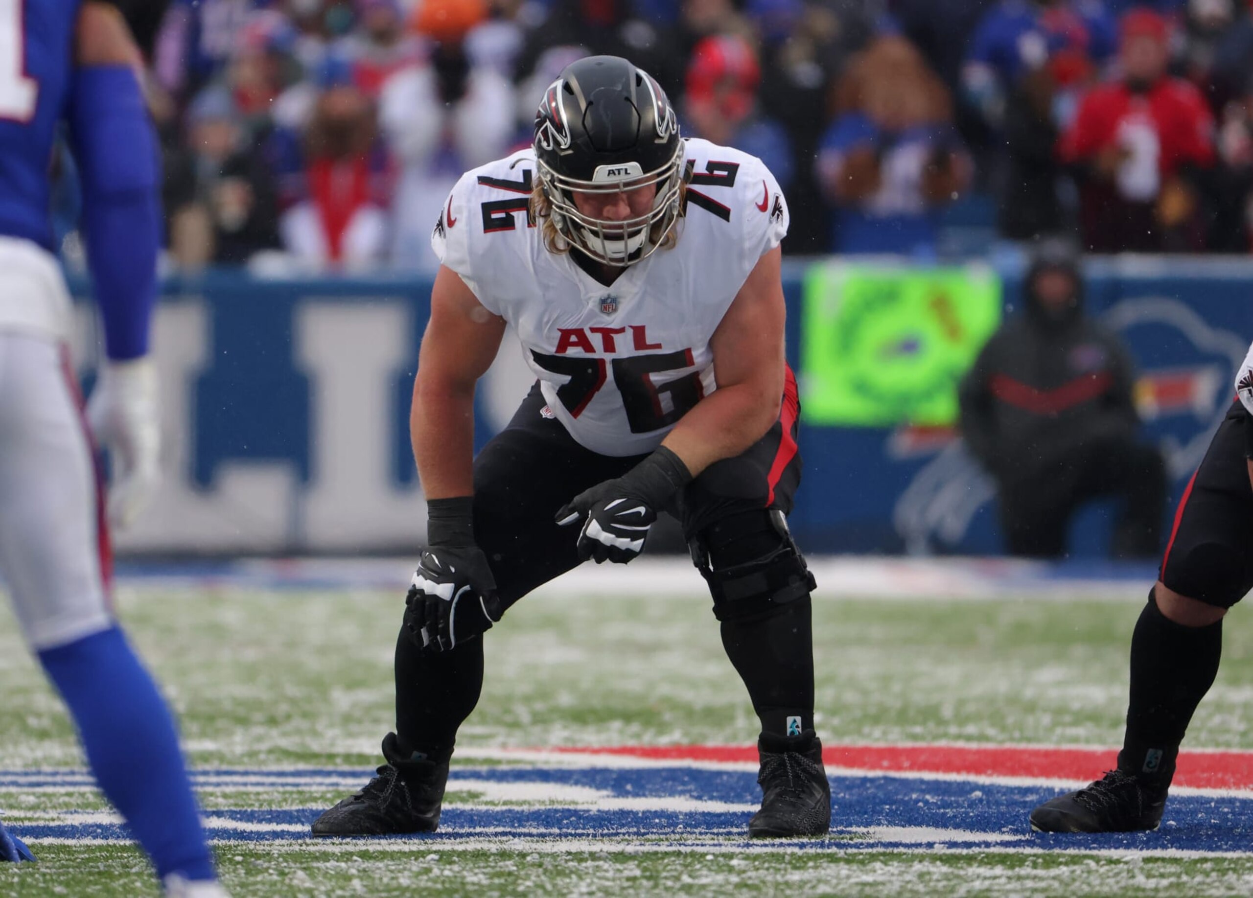 ORCHARD PARK, NY - JANUARY 02: Kaleb McGary #76 of the Atlanta Falcons waits for the snap against the Buffalo Bills at Highmark Stadium on January 2, 2022 in Orchard Park, New York. (Photo by Timothy T Ludwig/Getty Images)