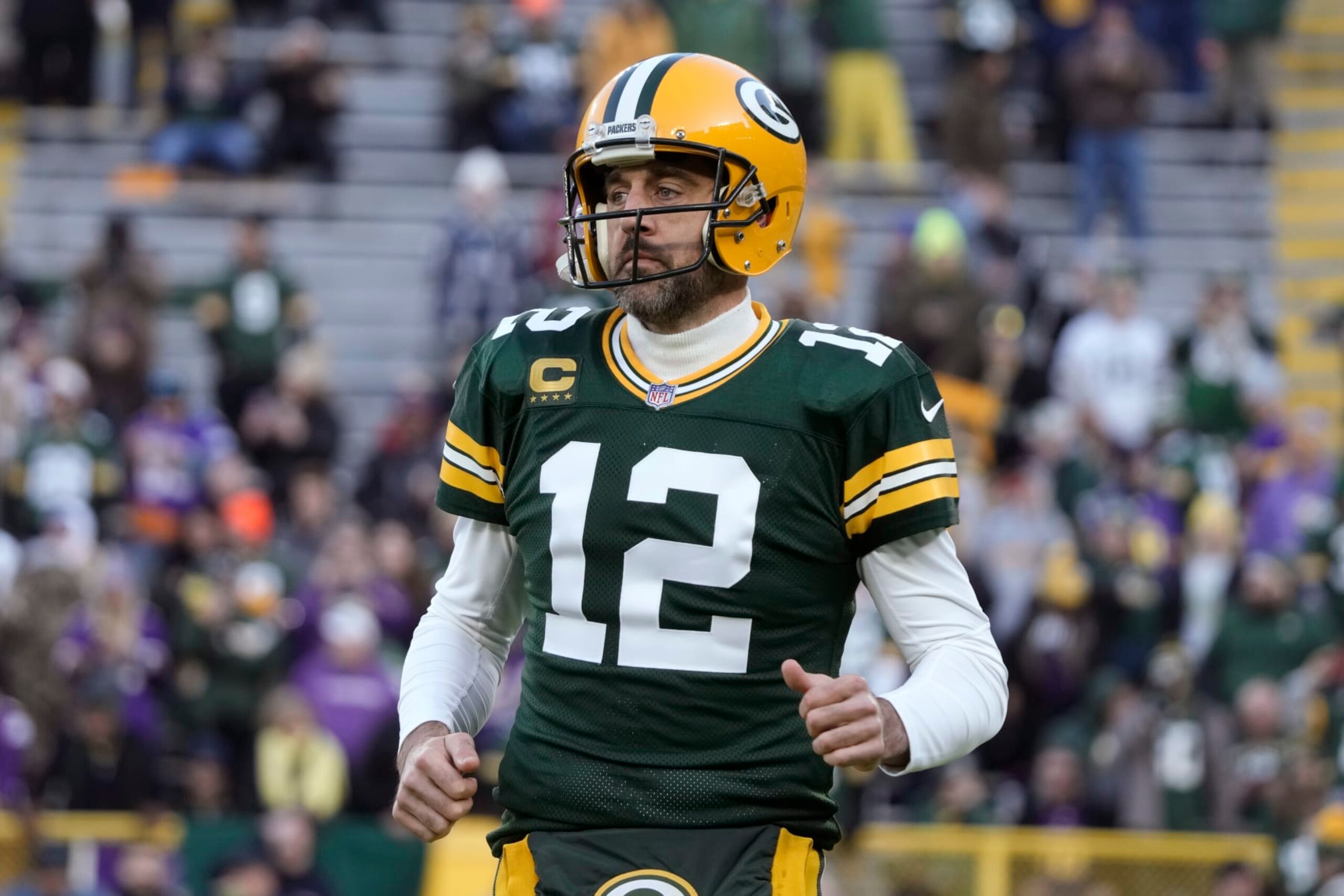 Green Bay Packers quarterback Aaron Rodgers (12) warms up before an NFL football game against the Minnesota Vikings, Sunday, Jan. 1, 2023, in Green Bay, Wis. (AP Photo/Morry Gash)