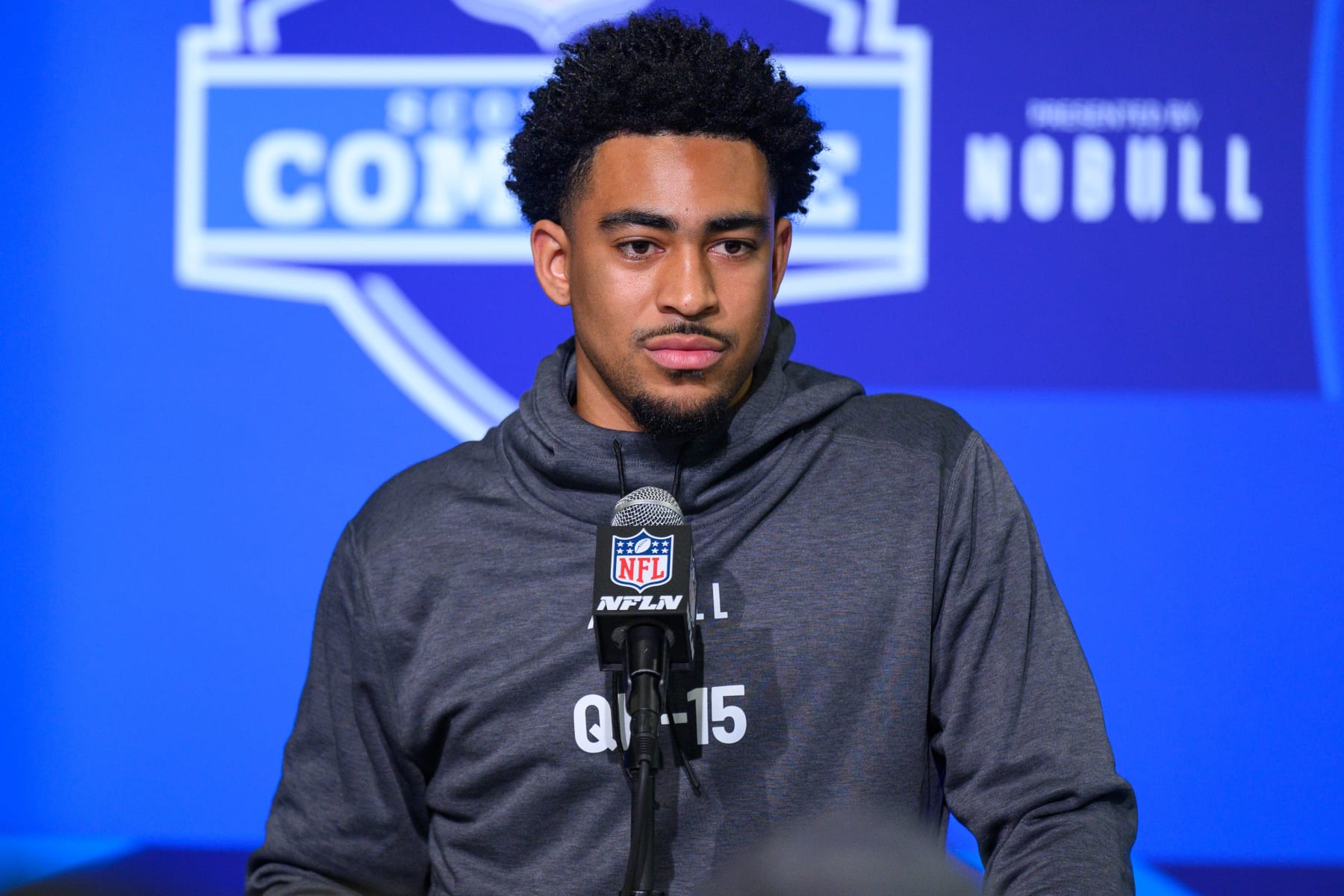 INDIANAPOLIS, IN - MARCH 03: Alabama quarterback Bryce Young answers questions from the media during the NFL Scouting Combine on March 3, 2023, at the Indiana Convention Center in Indianapolis, IN. (Photo by Zach Bolinger/Icon Sportswire via Getty Images)
