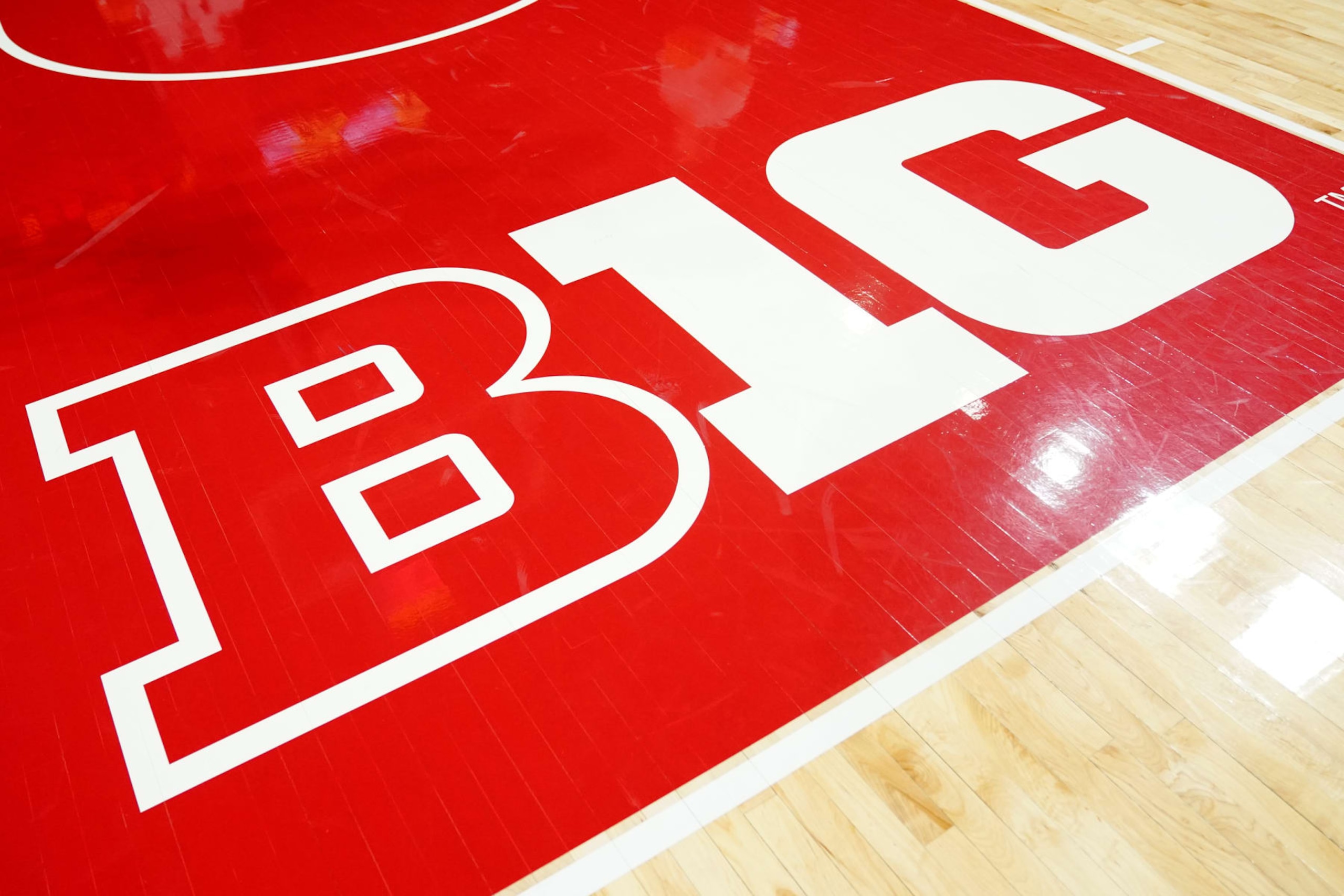 COLLEGE PARK, MD - DECEMBER 29: The Big Ten logo on the floor before a basketball game between the Maryland Terrapins and the UMBC Retrievers at the Xfinity Center on December 29, 2022 in College Park, Maryland. (Photo by Mitchell Layton/Getty Images)