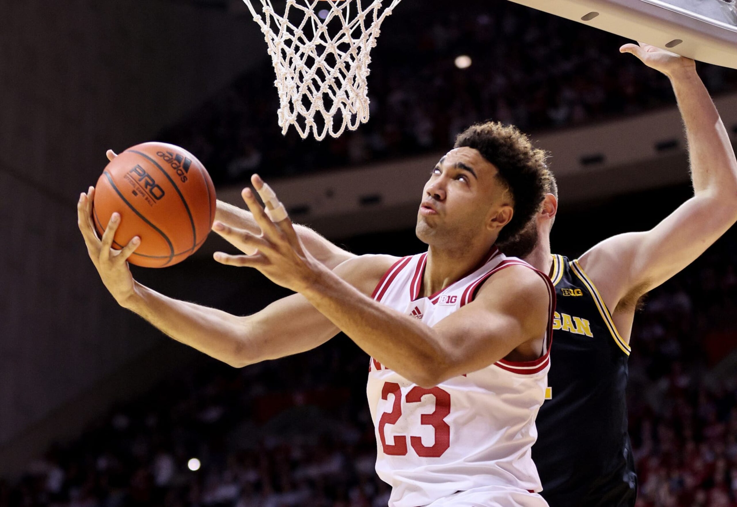 BLOOMINGTON, INDIANA - MARCH 05: Trayce Jackson-Davis #23 of the Indiana Hoosiers shoots the ball against the Michigan Wolverines at Simon Skjodt Assembly Hall on March 05, 2023 in Bloomington, Indiana. (Photo by Andy Lyons/Getty Images)