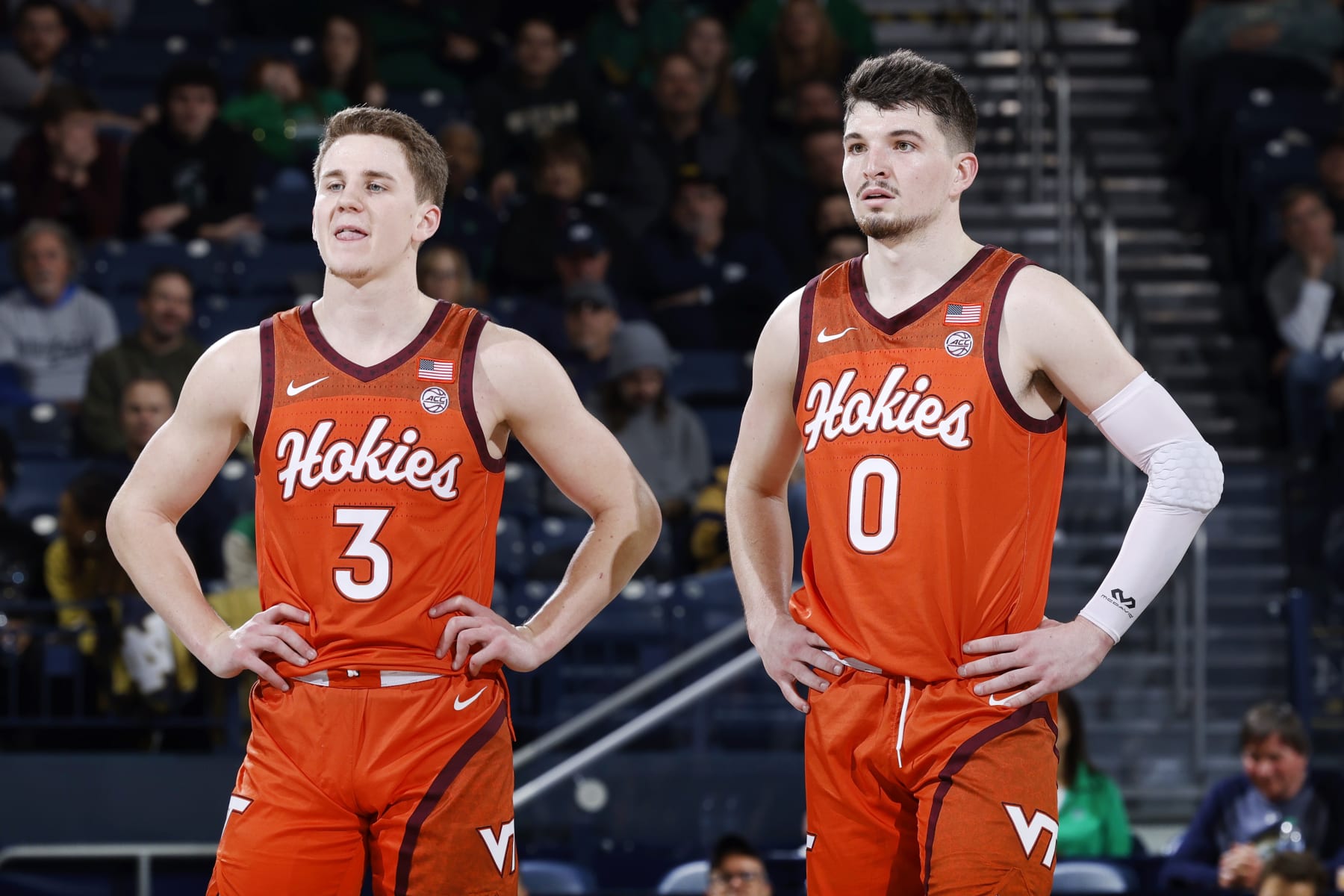 SOUTH BEND, IN - FEBRUARY 11: Virginia Tech Hokies guard Sean Pedulla (3) and guard Hunter Cattoor (0) look on during a college basketball game against the Notre Dame Fighting Irish on February 11, 2023 at Purcell Pavilion in South Bend, Indiana. (Photo by Joe Robbins/Icon Sportswire via Getty Images)