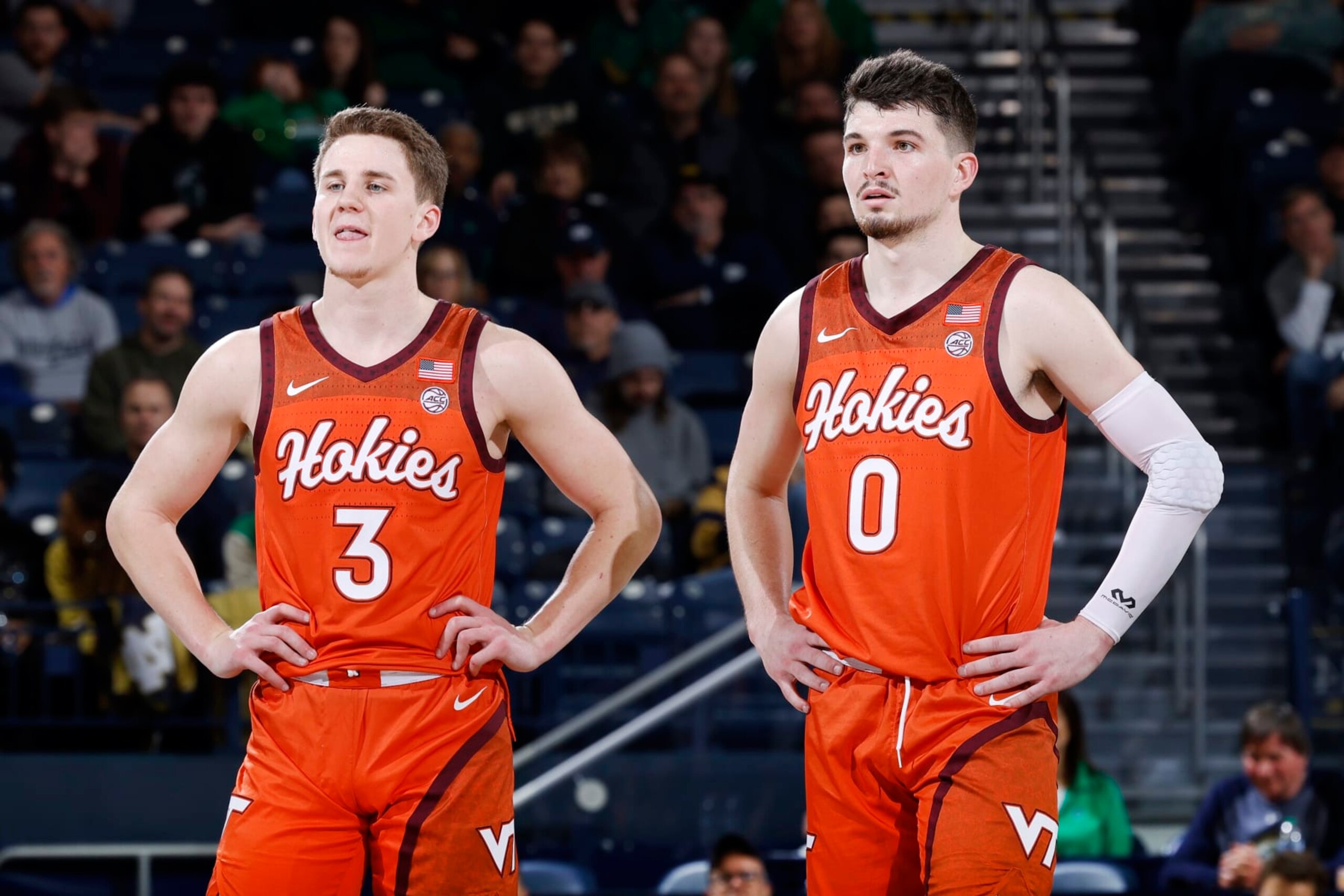 SOUTH BEND, IN - FEBRUARY 11: Virginia Tech Hokies guard Sean Pedulla (3) and guard Hunter Cattoor (0) look on during a college basketball game against the Notre Dame Fighting Irish on February 11, 2023 at Purcell Pavilion in South Bend, Indiana. (Photo by Joe Robbins/Icon Sportswire via Getty Images)