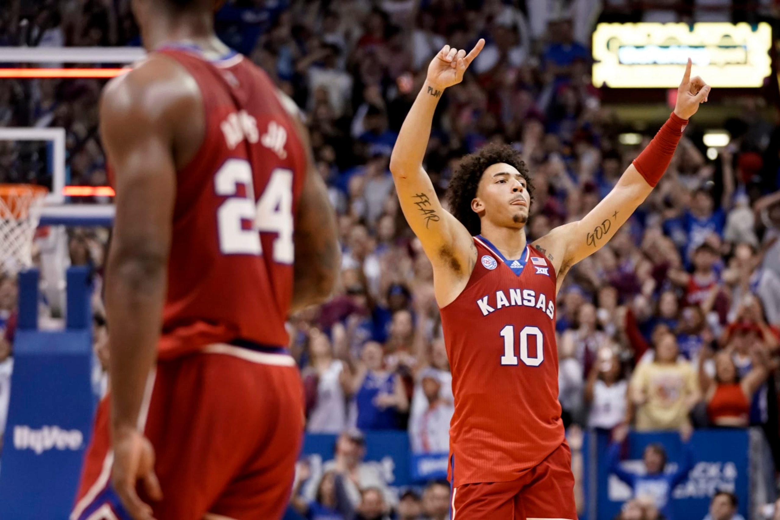 LAWRENCE, KANSAS - FEBRUARY 28: Jalen Wilson #10 of the Kansas Jayhawks celebrates a 67-63 win against the Texas Tech Red Raiders at Allen Fieldhouse on February 28, 2023 in Lawrence, Kansas. (Photo by Ed Zurga/Getty Images)