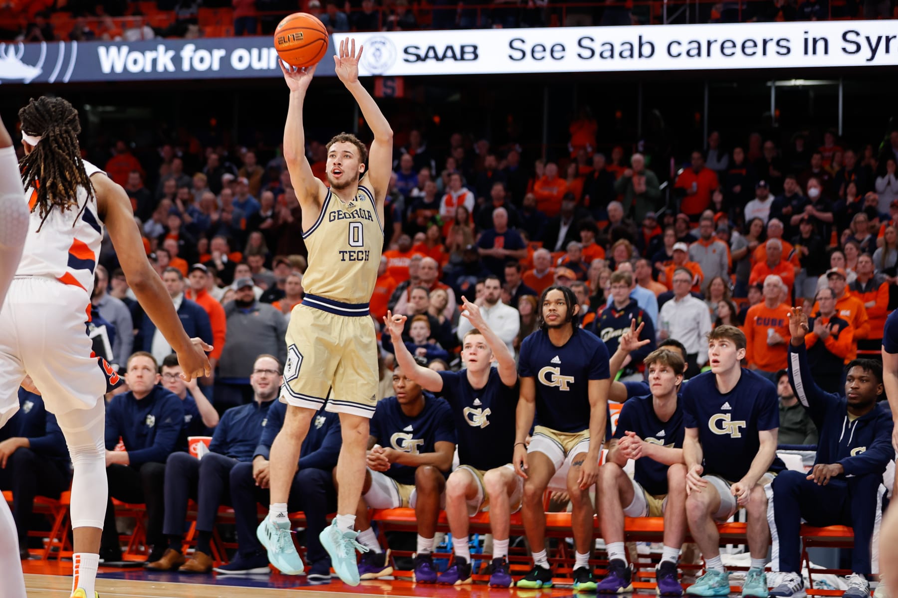 SYRACUSE, NY - FEBRUARY 28: Lance Terry #0 of the Georgia Tech Yellow Jackets attempts a three point basket during the second half against the Syracuse Orange at JMA Wireless Dome on February 28, 2023 in Syracuse, New York. (Photo by Isaiah Vazquez/Getty Images)