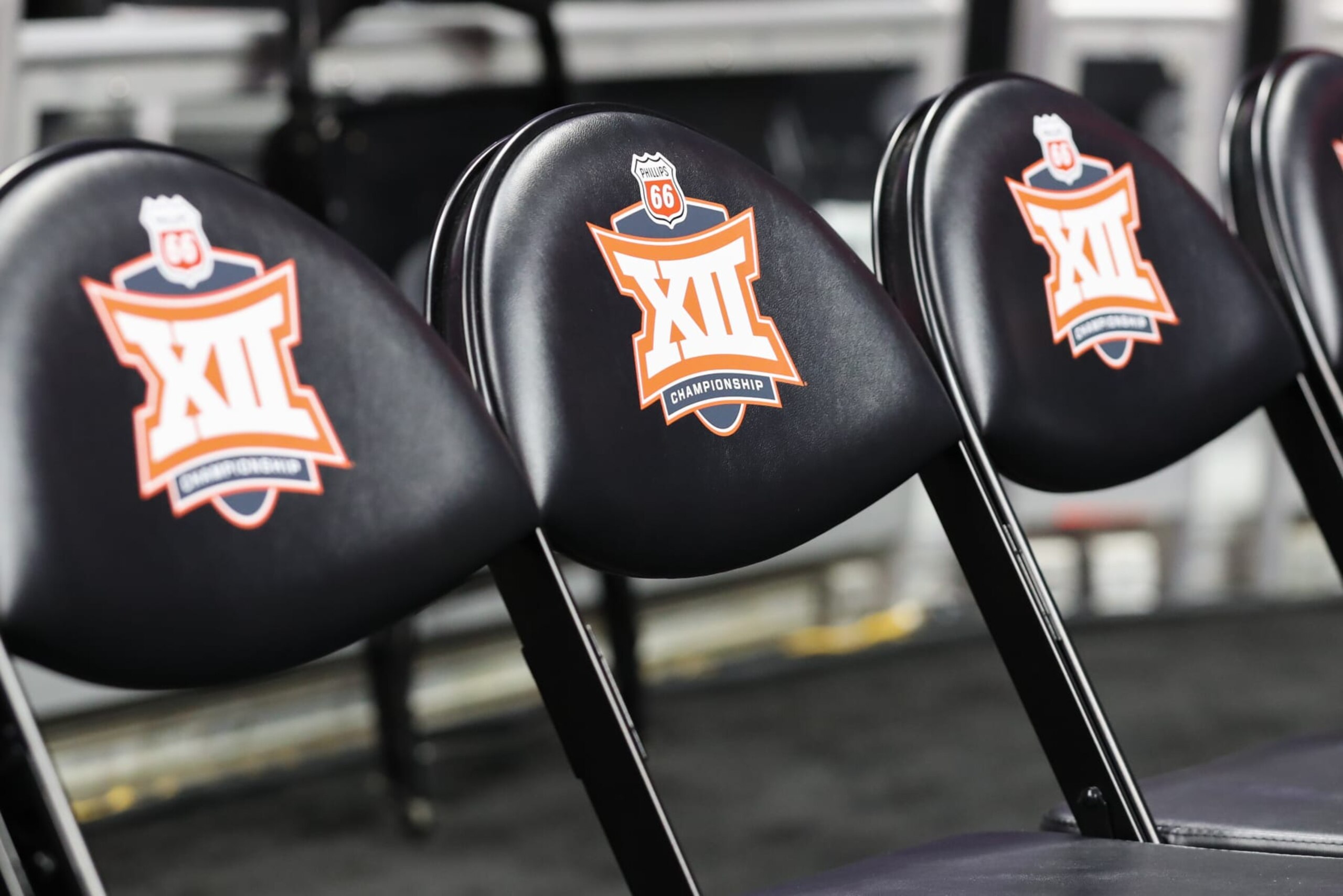 KANSAS CITY, MO - MARCH 10: A view of the Big 12 logo on chairs before a Big 12 Tournament quarterfinal game between the TCU Horned Frogs and Texas Longhorns on Mar 10, 2022 at T-Mobile Arena in Kansas City, MO. (Photo by Scott Winters/Icon Sportswire via Getty Images)