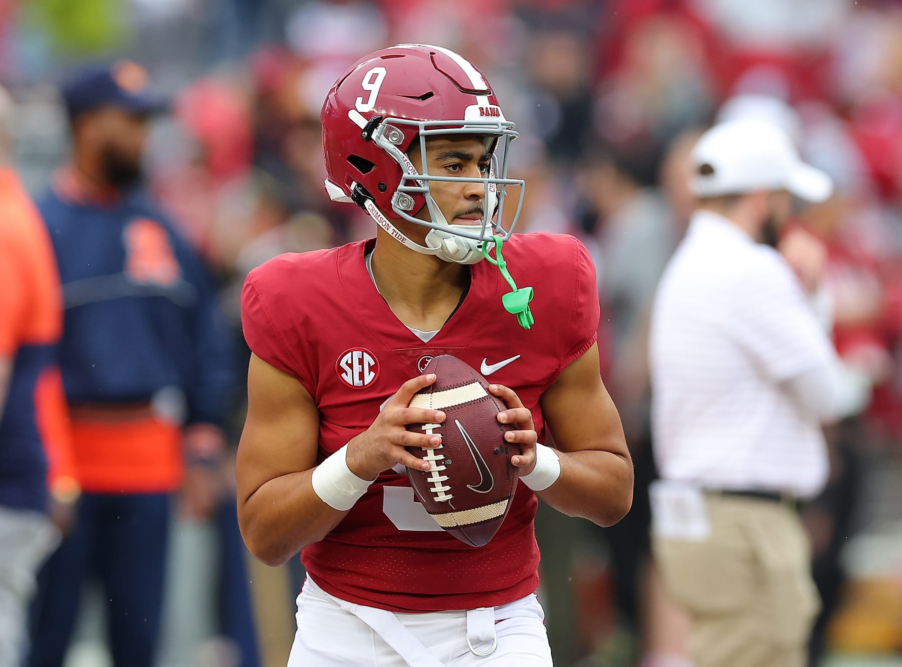 TUSCALOOSA, ALABAMA - NOVEMBER 26:  Bryce Young #9 of the Alabama Crimson Tide warms up prior to facing the Auburn Tigers at Bryant-Denny Stadium on November 26, 2022 in Tuscaloosa, Alabama. (Photo by Kevin C. Cox/Getty Images)