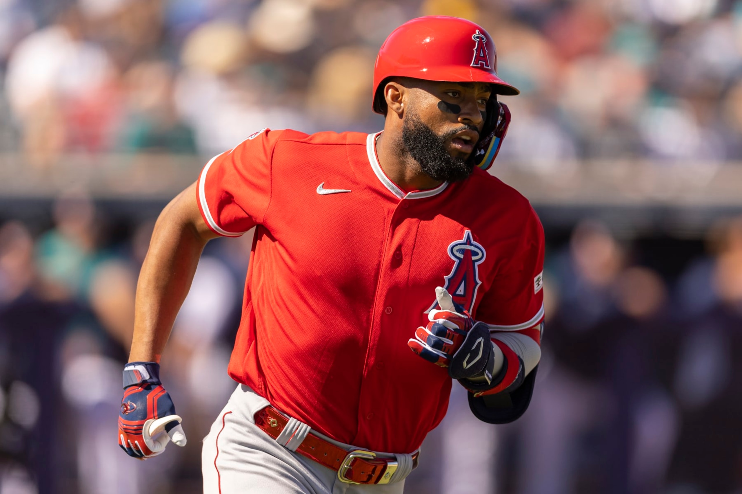 SEATTLE, WA - FEBRUARY 25: Jo Adell #7 of the Los Angeles Angels hits a home run during the game between the Los Angeles Angels and the Seattle Mariners at T-Mobile Park on Saturday, February 25, 2023 in Seattle, Washington. (Photo by Adam Glanzman/MLB Photos via Getty Images)