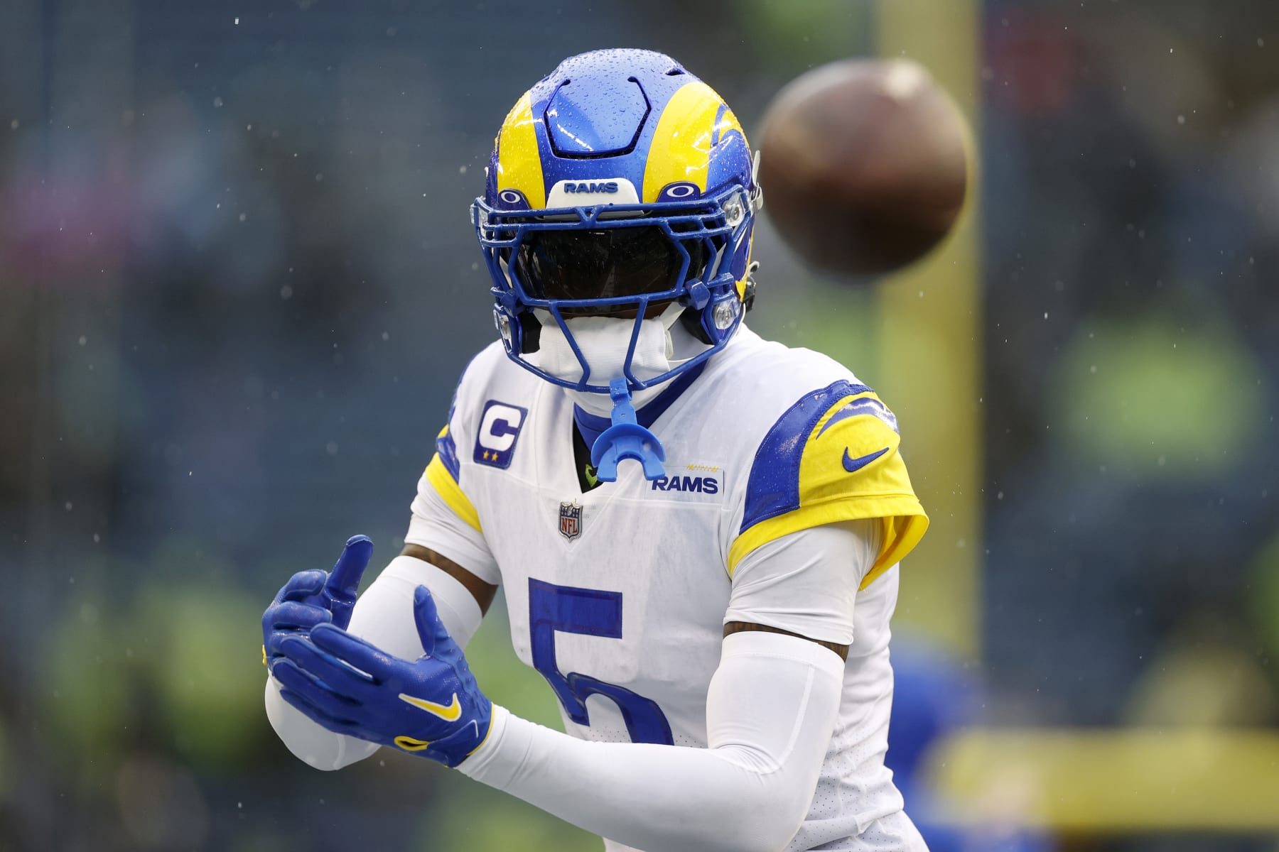 SEATTLE, WASHINGTON - JANUARY 08: Jalen Ramsey #5 of the Los Angeles Rams warms up before the game against the Seattle Seahawks at Lumen Field on January 08, 2023 in Seattle, Washington. (Photo by Steph Chambers/Getty Images)