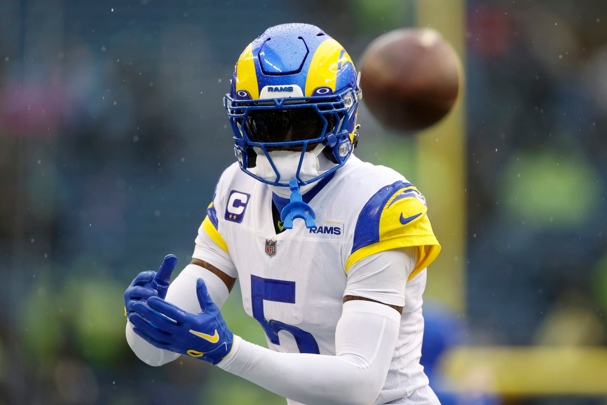 SEATTLE, WASHINGTON - JANUARY 08: Jalen Ramsey #5 of the Los Angeles Rams warms up before the game against the Seattle Seahawks at Lumen Field on January 08, 2023 in Seattle, Washington. (Photo by Steph Chambers/Getty Images)