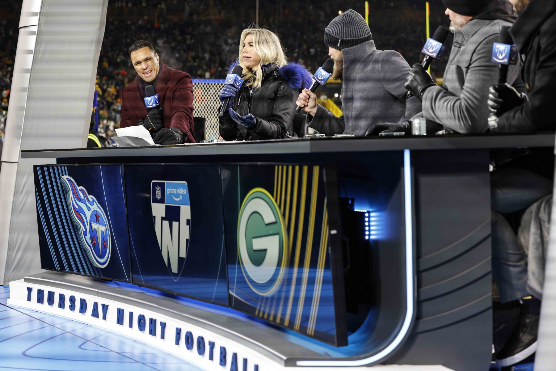 Thursday night football crew before an NFL football game between the Tennessee Titans and Green Bay Packers Thursday, Nov. 17, 2022, in Green Bay, Wis. (AP Photo/Jeffrey Phelps)