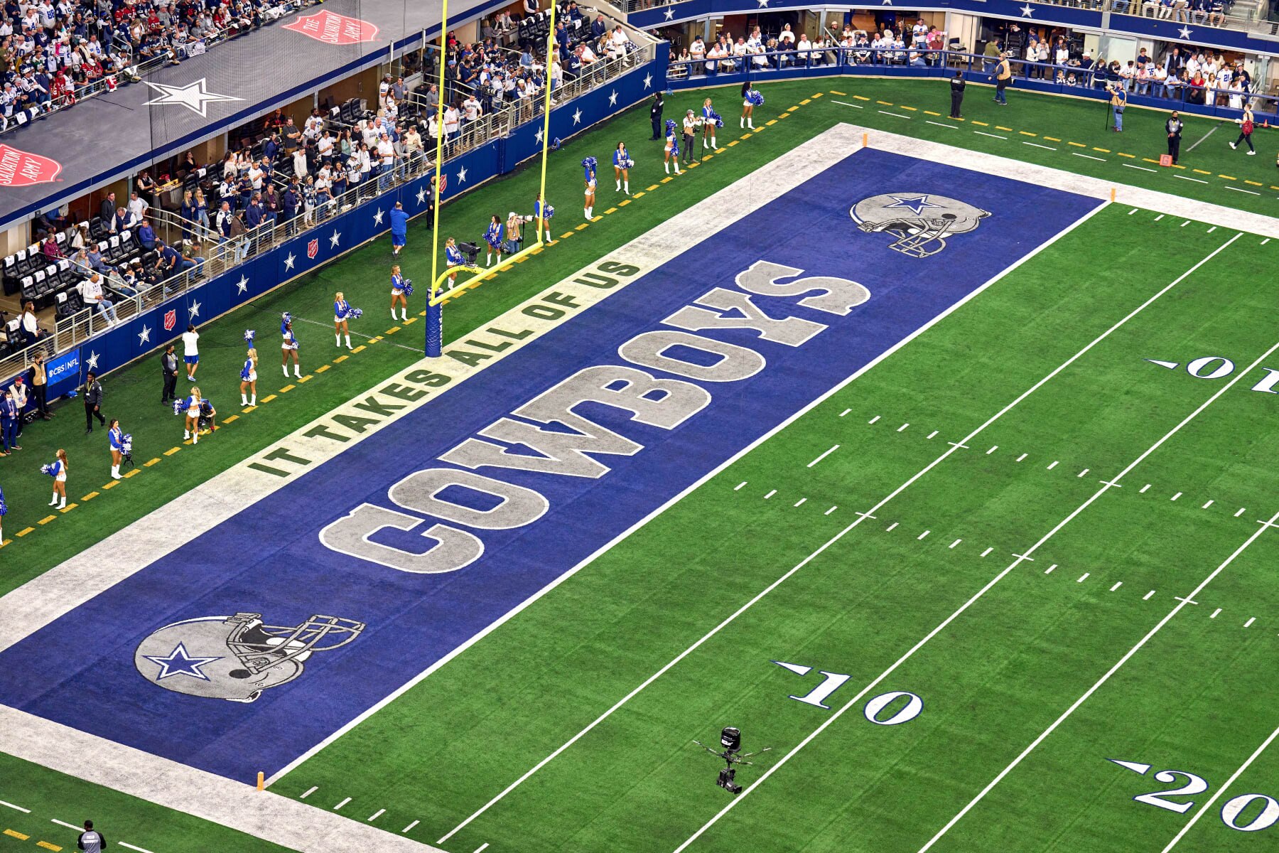 ARLINGTON, TX - JANUARY 16: A detail view of the Dallas Cowboys logo is seen in the endzone during the NFC Wild Card game between the San Francisco 49ers and the Dallas Cowboys on January 16, 2022 at AT&T Stadium in Arlington, TX. (Photo by Robin Alam/Icon Sportswire via Getty Images)