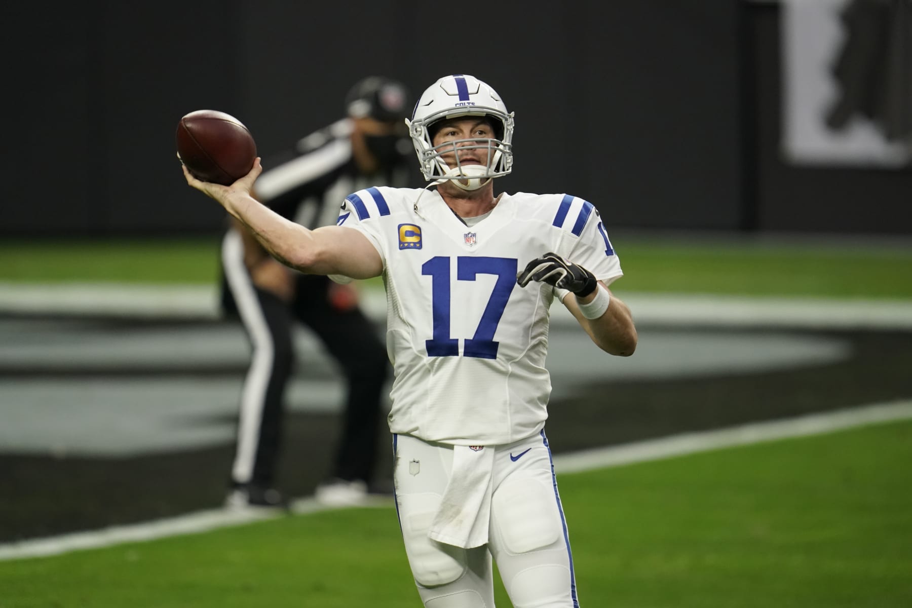 LAS VEGAS, NEVADA - DECEMBER 13: Philip Rivers #17 of the Indianapolis Colts throws the ball during an NFL game against the Las Vegas Raiders on December 13, 2020 in Las Vegas, Nevada. (Photo by Cooper Neill/Getty Images)