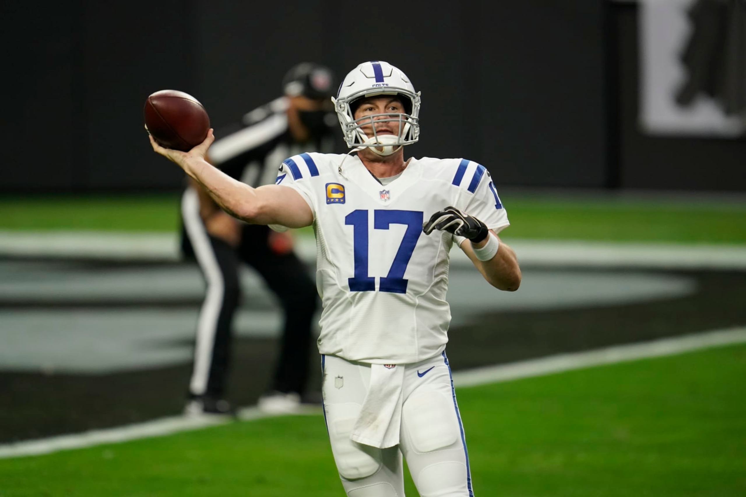 LAS VEGAS, NEVADA - DECEMBER 13: Philip Rivers #17 of the Indianapolis Colts throws the ball during an NFL game against the Las Vegas Raiders on December 13, 2020 in Las Vegas, Nevada. (Photo by Cooper Neill/Getty Images)