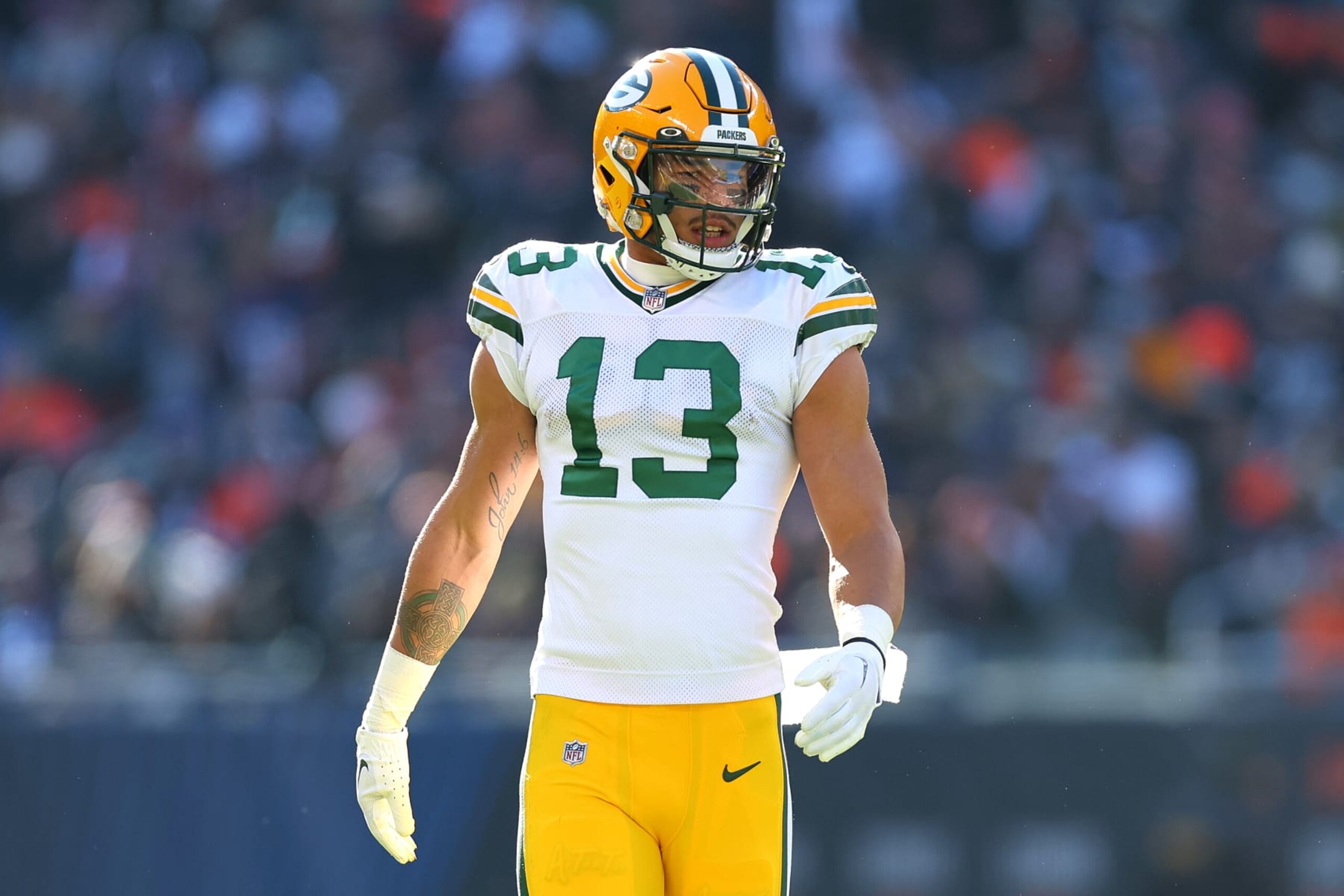 CHICAGO, ILLINOIS - DECEMBER 04: Allen Lazard #13 of the Green Bay Packers looks on against the Chicago Bears at Soldier Field on December 04, 2022 in Chicago, Illinois. (Photo by Michael Reaves/Getty Images)